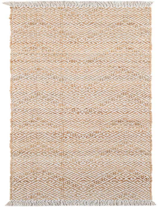 A natural brown and white 8 ft runner rug with a modern geometric pattern and fringed ends, ideal for a hallway or kitchen.