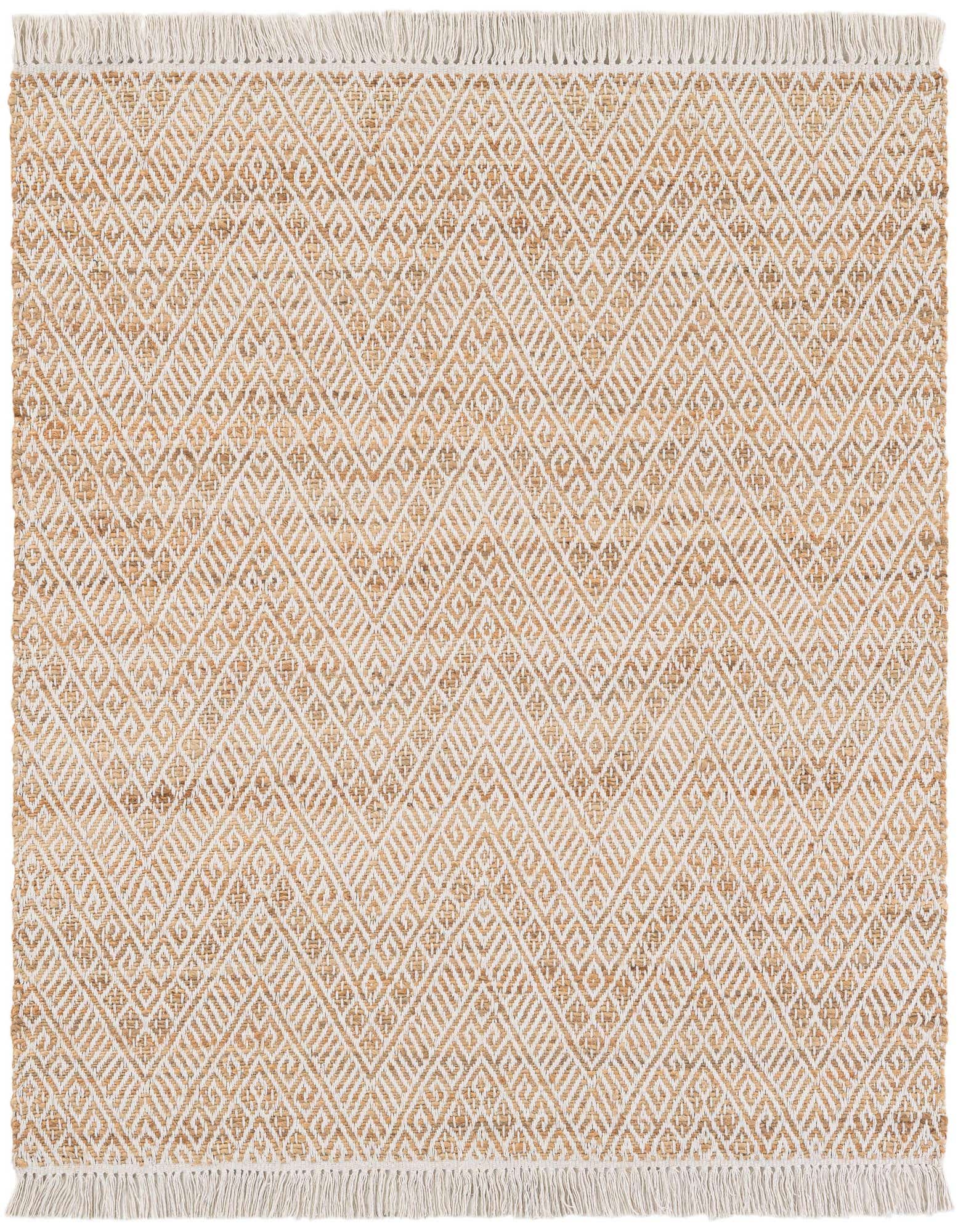 A square 5' 1 x 5' 1 Braided Jute rug featuring a modern geometric pattern in natural brown and white, with fringed edges.