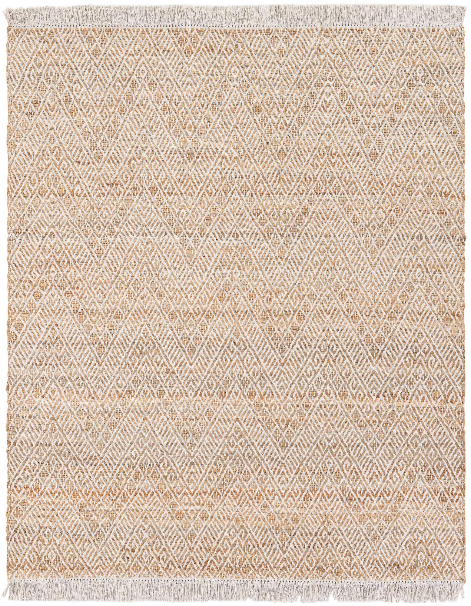 A square 6'1" x 6'1" natural jute and white cotton rug with a modern geometric chevron pattern and fringed edges.