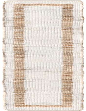 A 1' 2 x 8' 0 Chindi Jute runner rug featuring a natural brown border and two thick brown stripes on a white textured background.