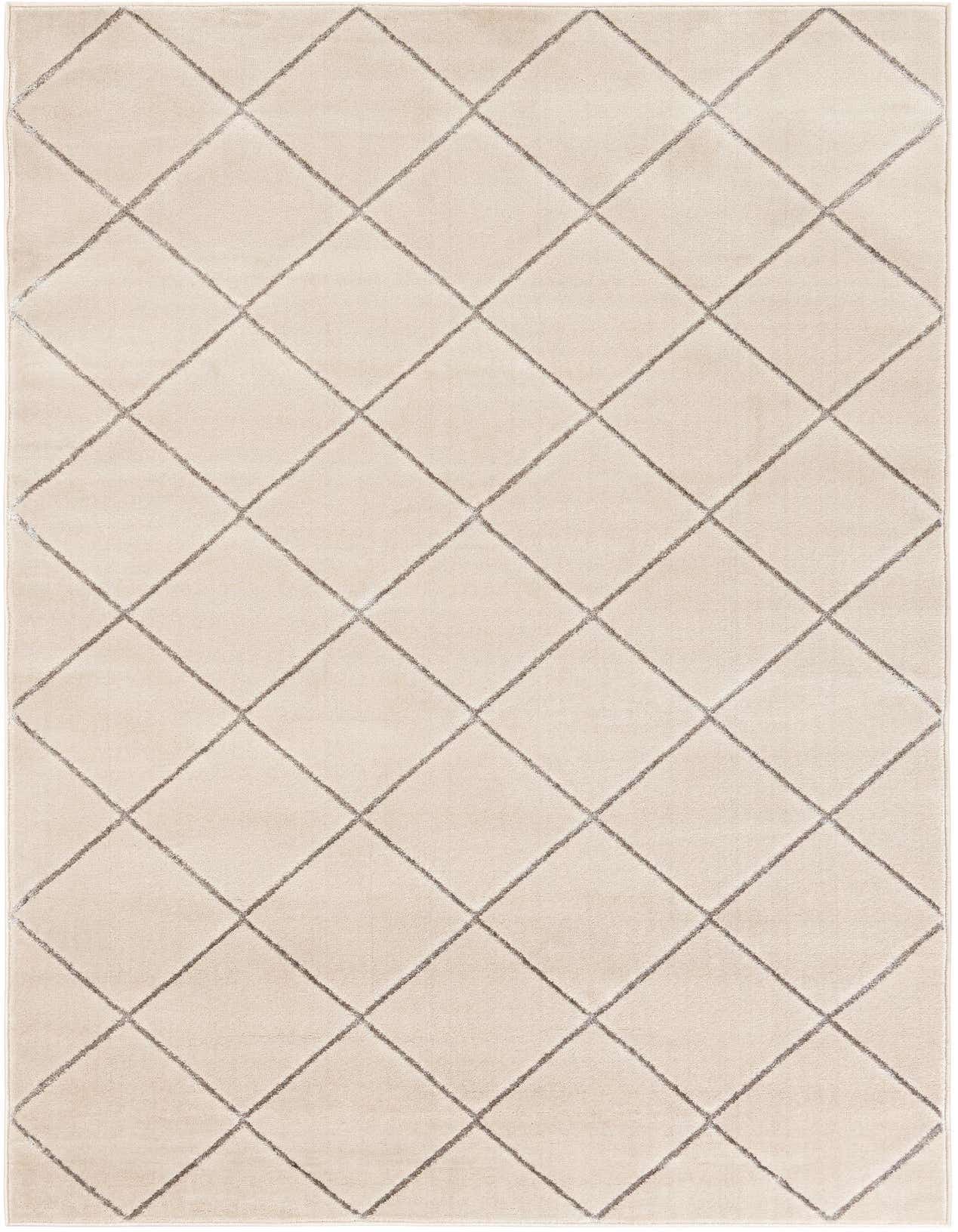 A 5x8 rectangular white and silver modern area rug with a textured diamond pattern, suitable for a living room.