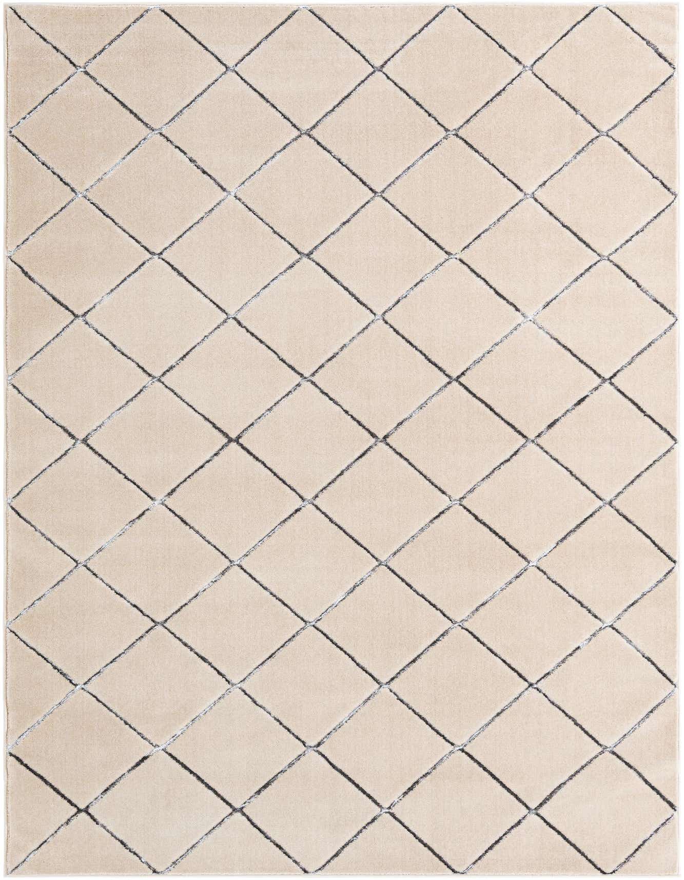 A 6x9 rectangular white and silver area rug with a textured geometric diamond pattern, suitable for a living room.