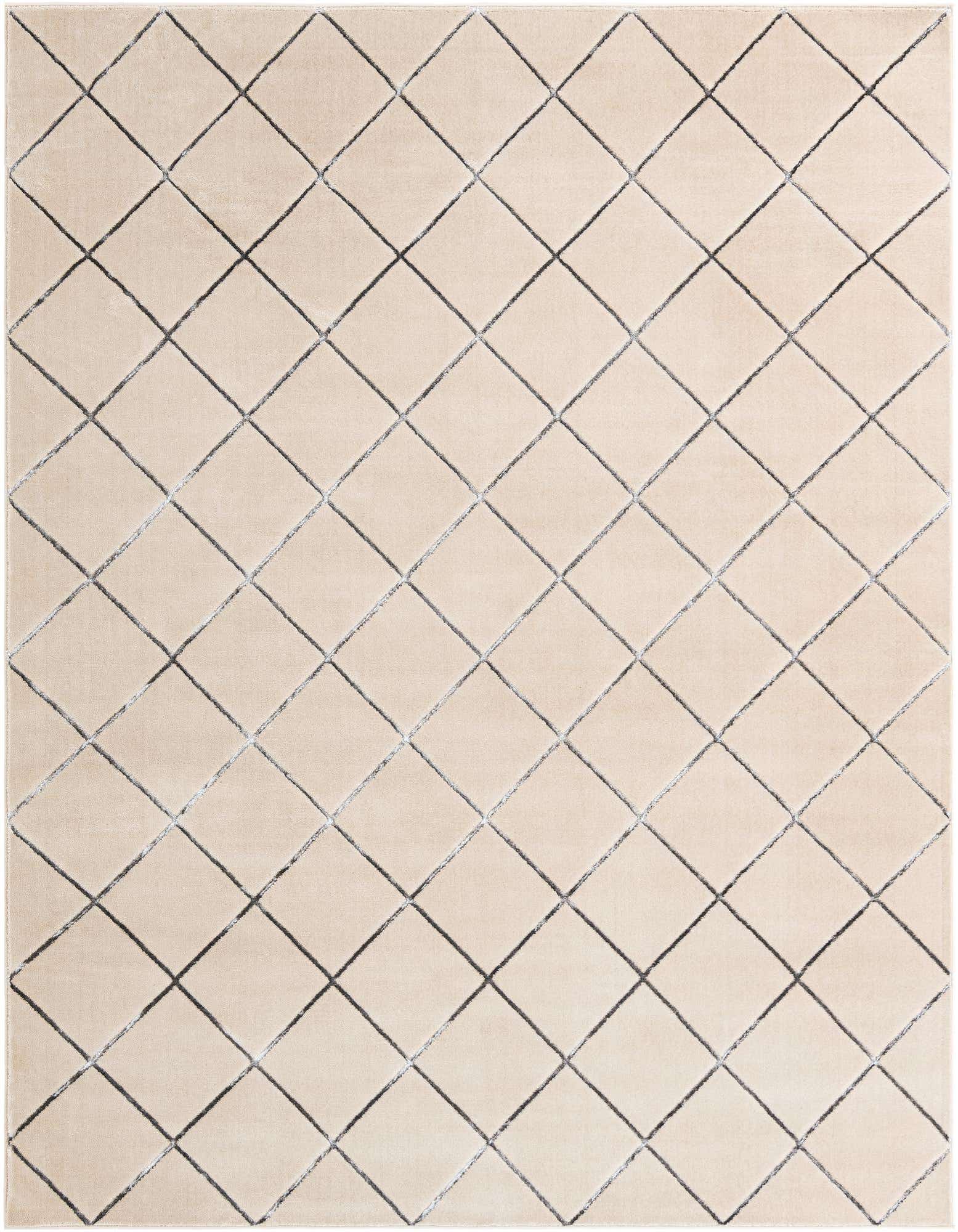 A rectangular 8x10 white and silver area rug with a textured diamond pattern, suitable for a living room.