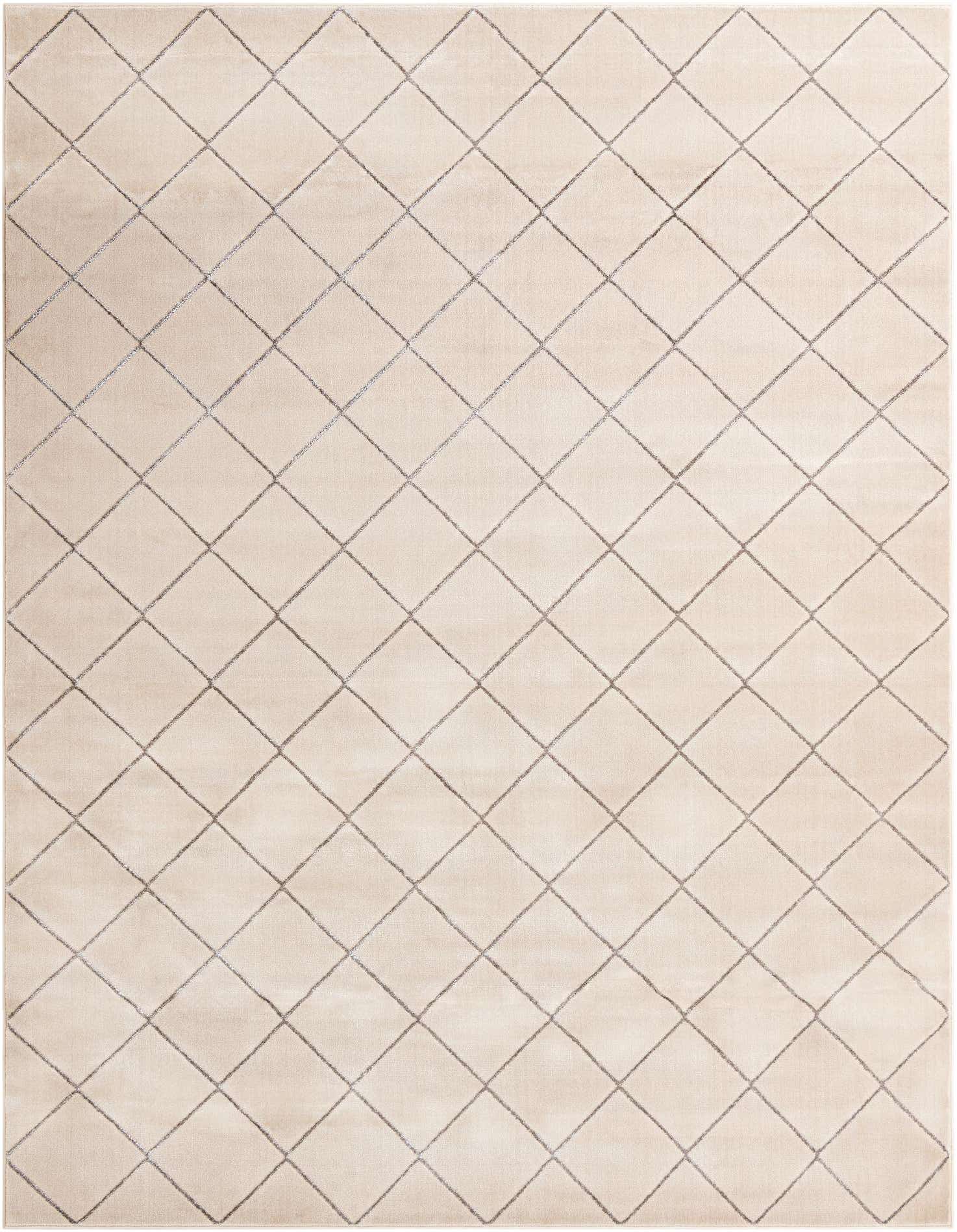 A 9x12 rectangular area rug in white with a subtle silver diamond geometric pattern, perfect for a living room.
