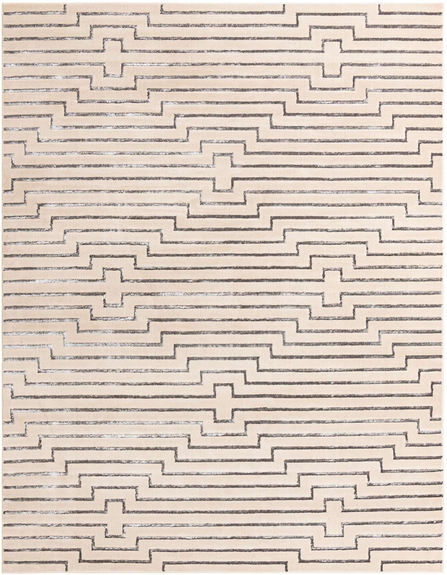 A 10x13 rectangular white and silver area rug with a textured geometric pattern, ideal for a modern living room.