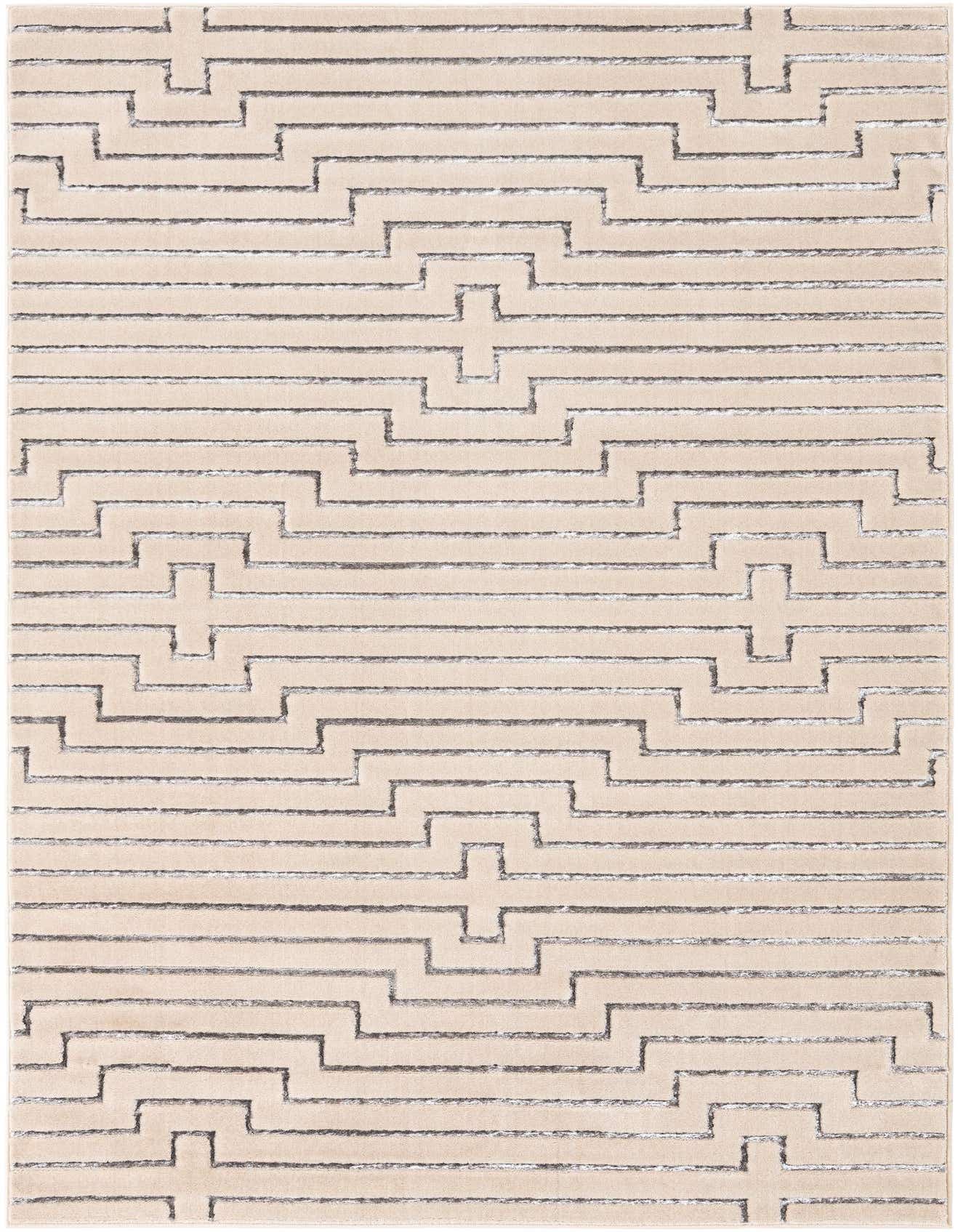 A 6x9 rectangular rug in white with a silver geometric pattern of horizontal and stepped lines, perfect for a modern living room.