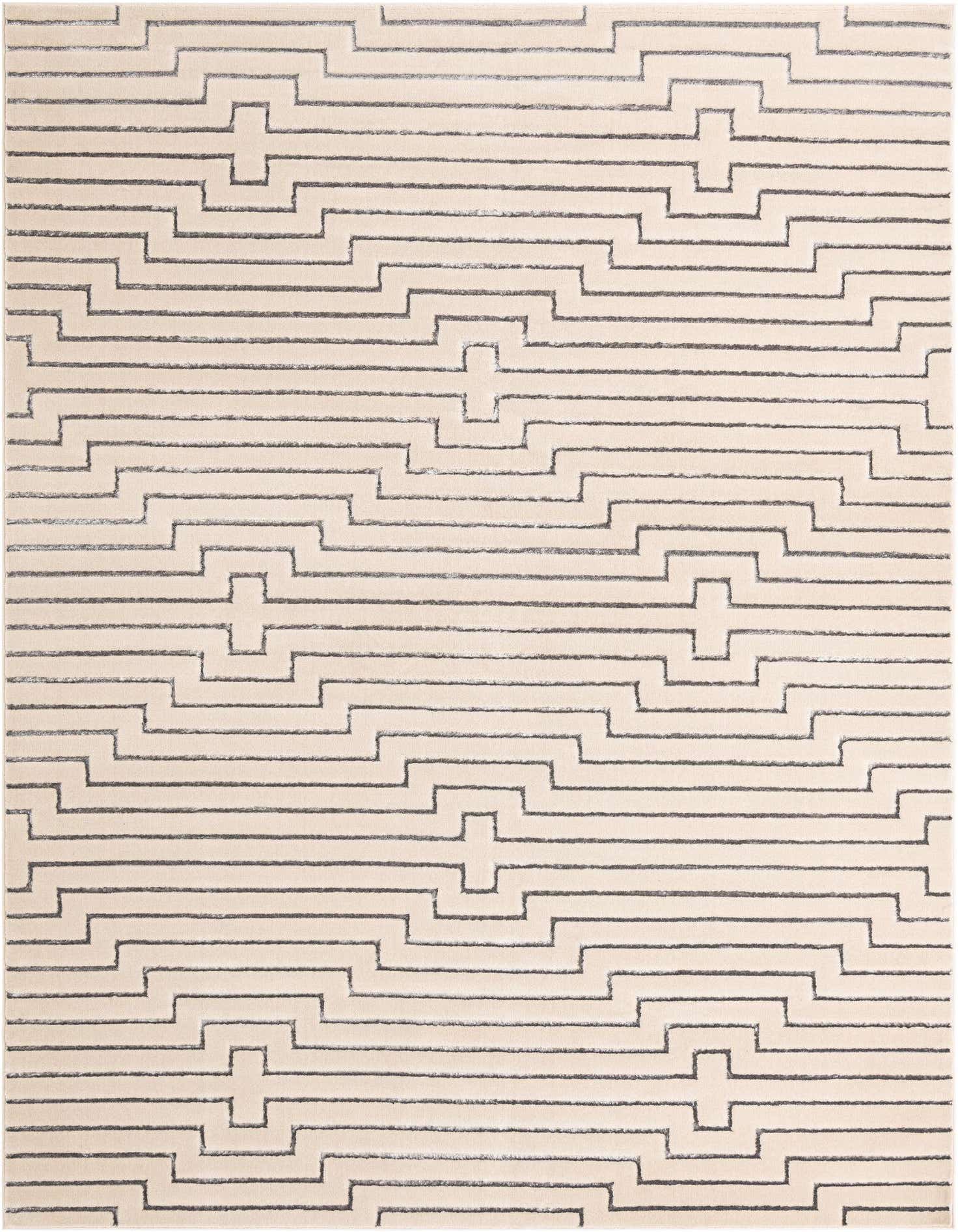 A 9x12 rectangular white and silver rug featuring a modern geometric pattern of interlocking horizontal lines, perfect for a living room.