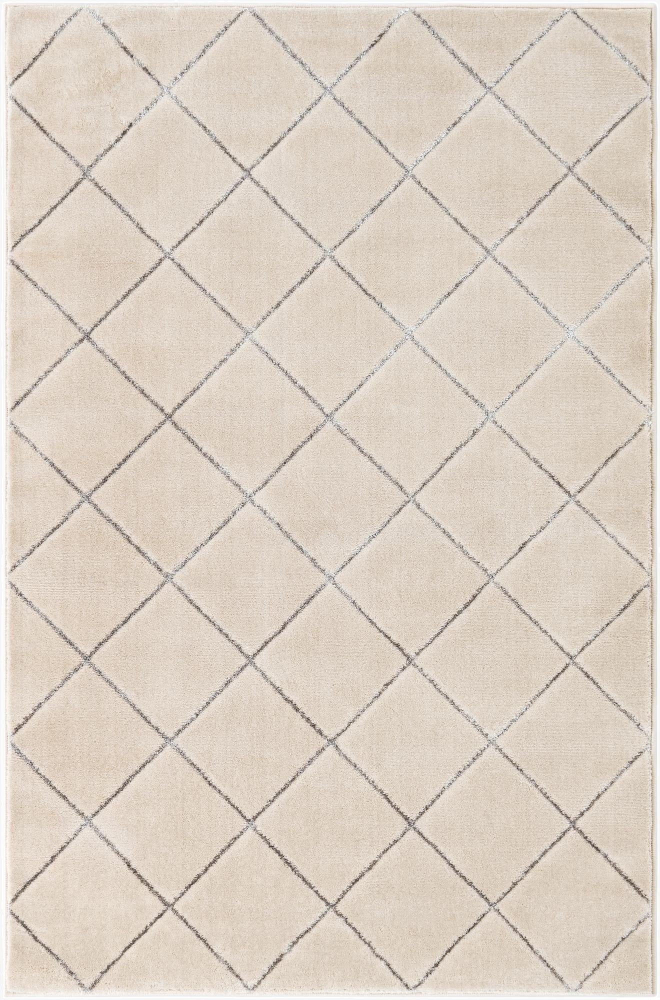 A 4x6 rectangular white and silver area rug with a textured diamond pattern, suitable for a living room.