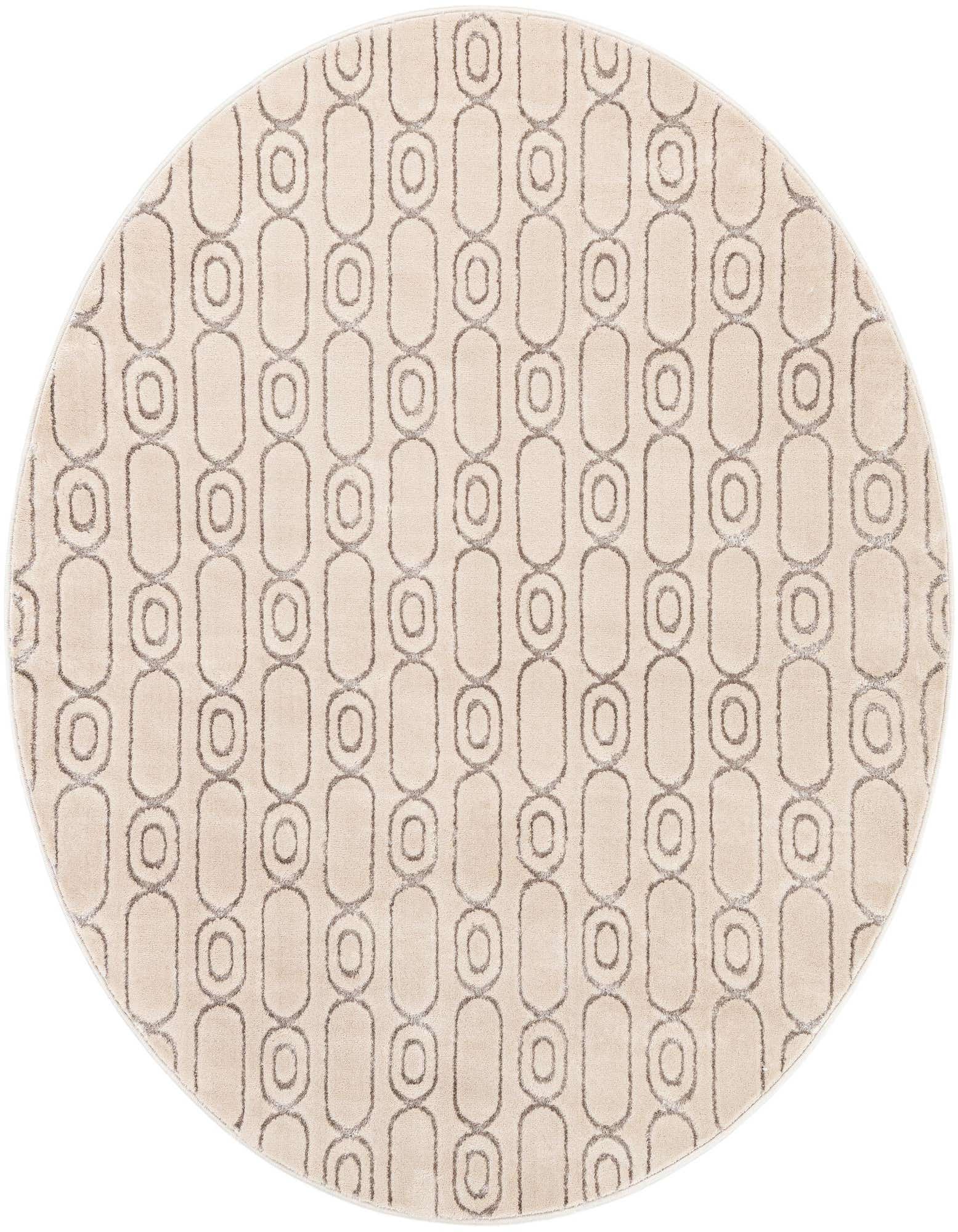 A 6' round white and silver modern area rug with a repeating geometric chain link pattern.