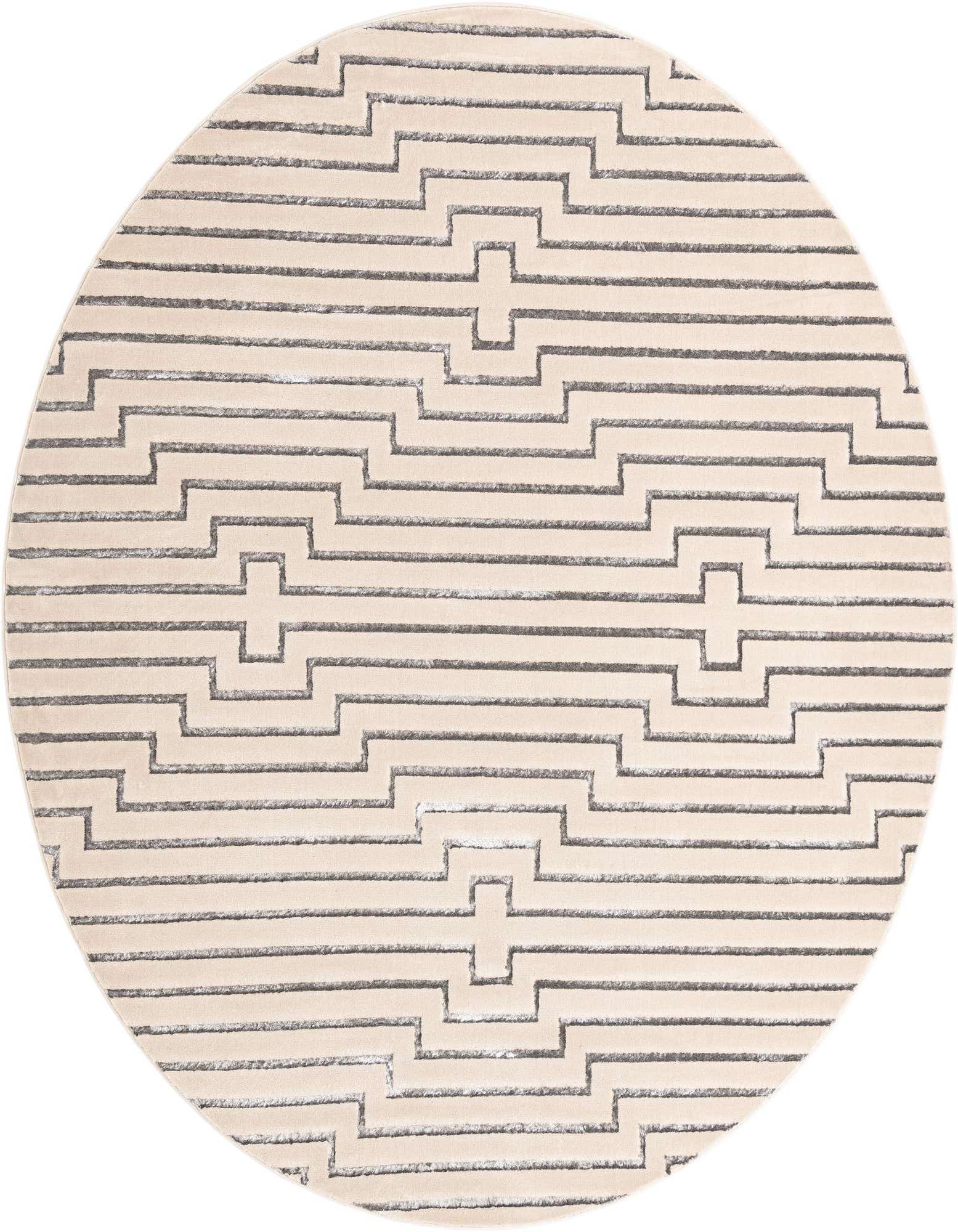 A round white and silver area rug with a textured geometric pattern, perfect for a modern living space.