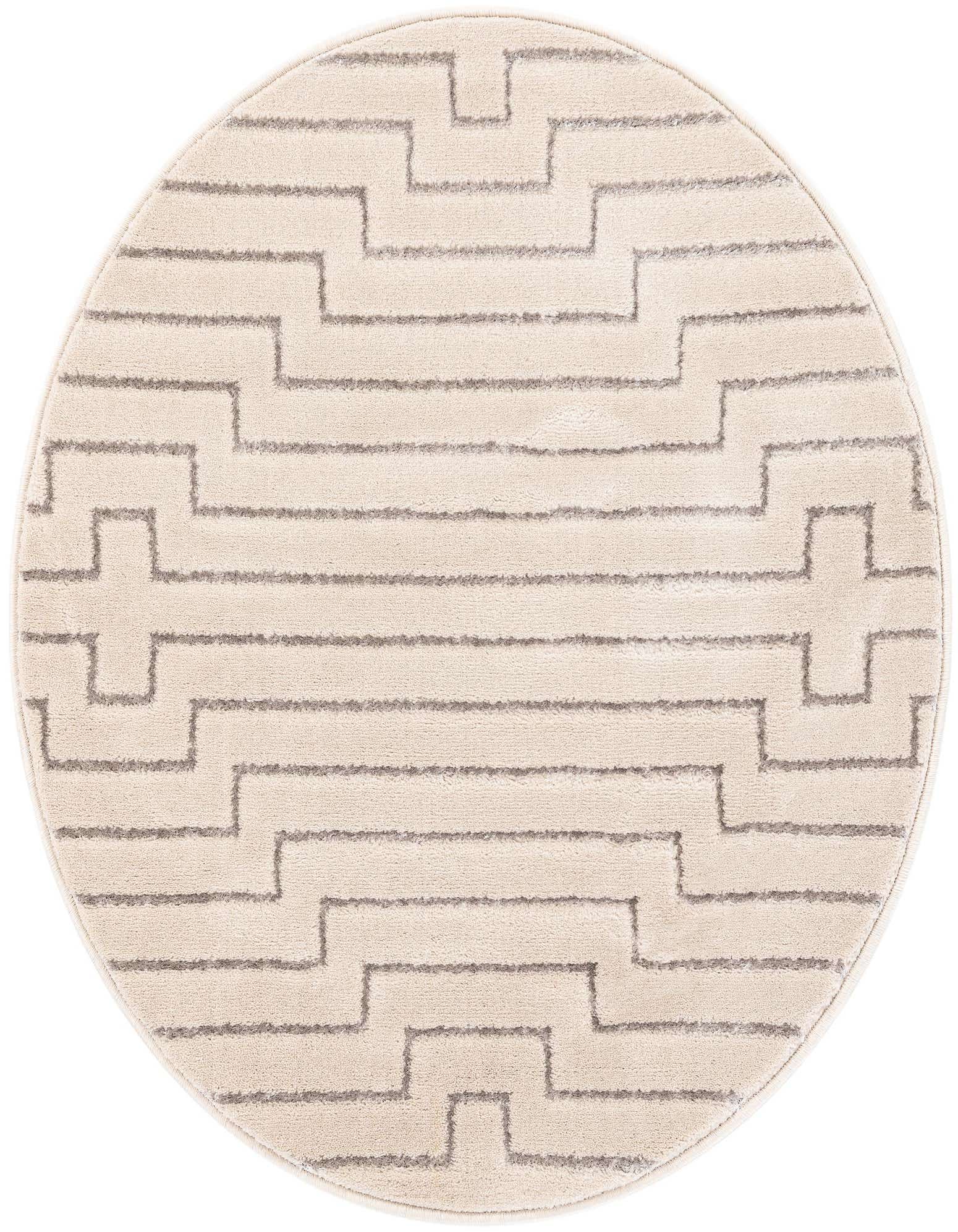 A 3' round white and silver modern rug with a geometric stepped pattern, ideal for an indoor space.