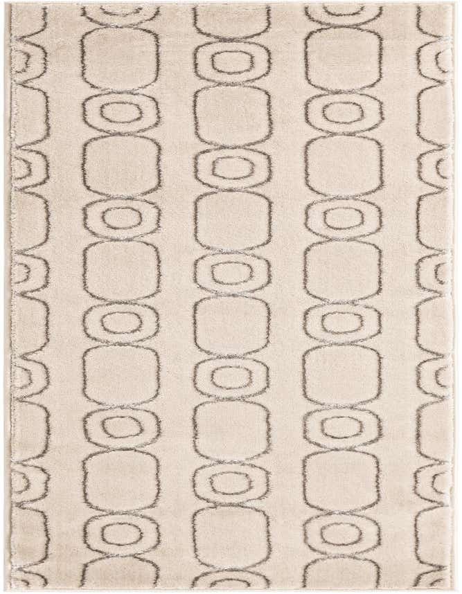 A 6 ft runner rug in white and silver with a modern geometric pattern of interlocking ovals and circles.