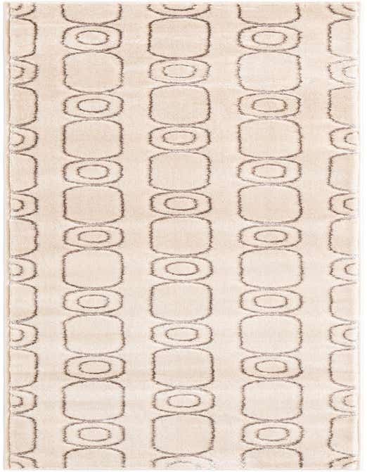 A white and silver 8 ft runner rug with a textured geometric pattern of interlocking ovals and circles.