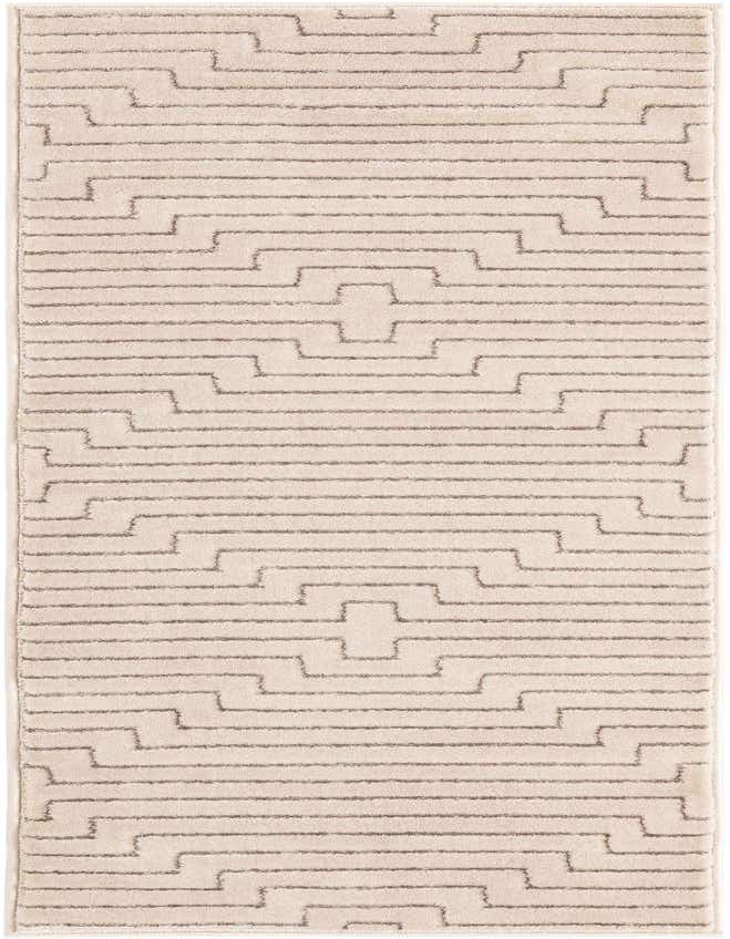 A 6 ft runner rug in white and silver, featuring a textured geometric pattern of horizontal lines and interlocking shapes, ideal for a hallway.