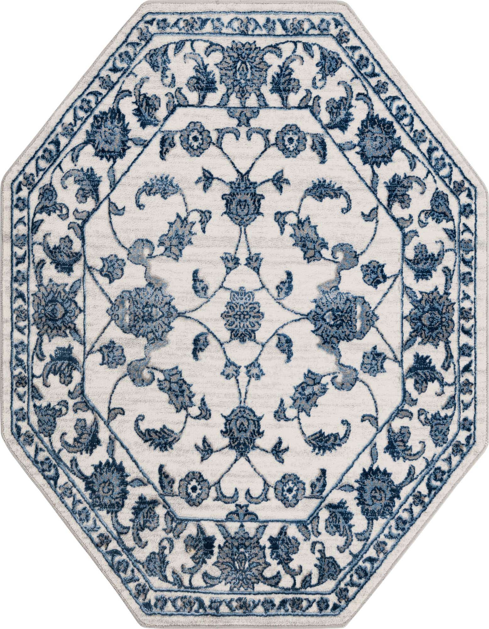 White and blue octagon rug with a traditional botanical floral pattern and a decorative border.