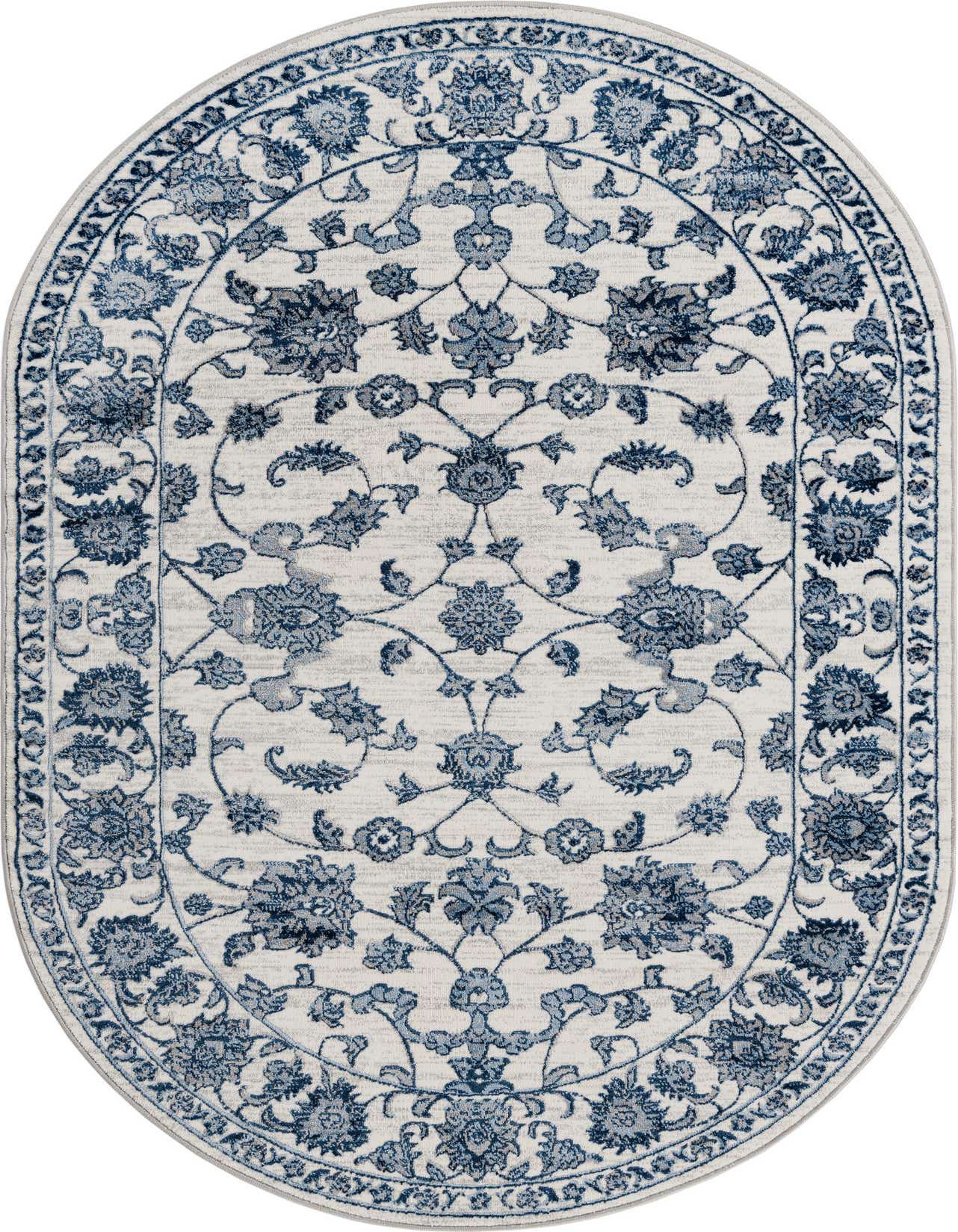 An oval 5' 3 x 8' 0 white and blue rug with a traditional botanical floral pattern and a detailed border.