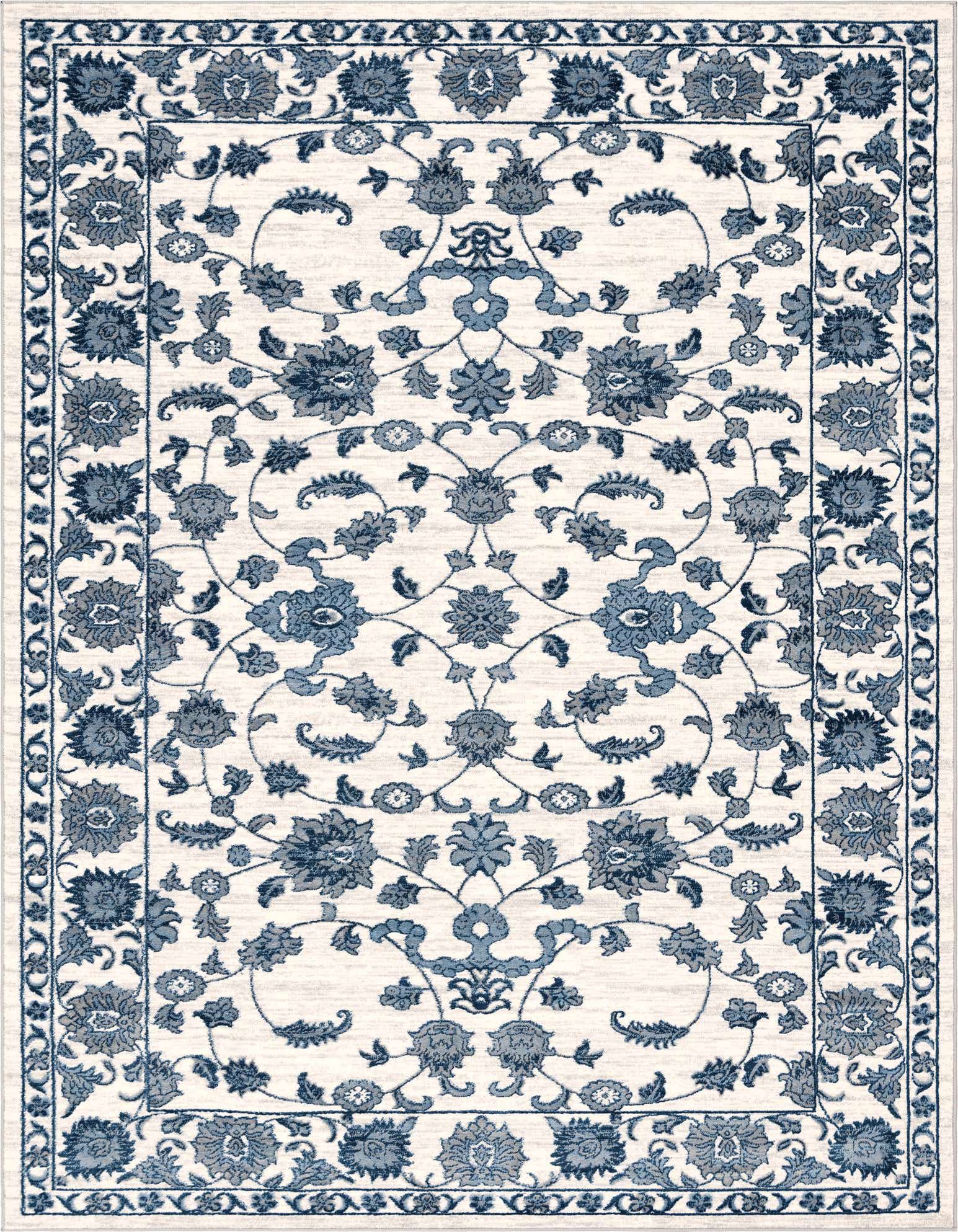 A rectangular 9x12 white and blue traditional area rug with an intricate botanical floral pattern and decorative border.
