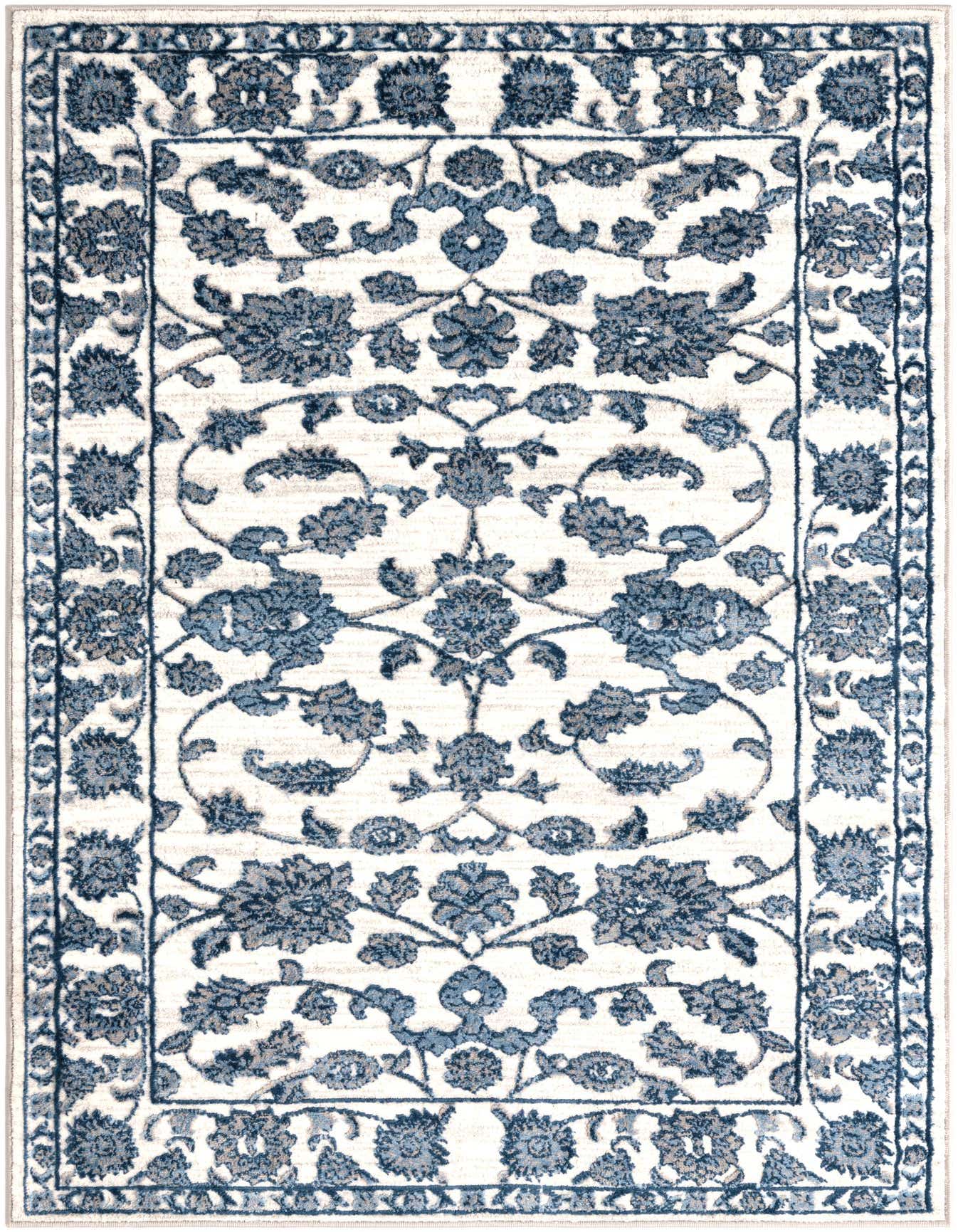 A 4x6 rectangular white and blue traditional floral rug with a textured pile, ideal for a living room.