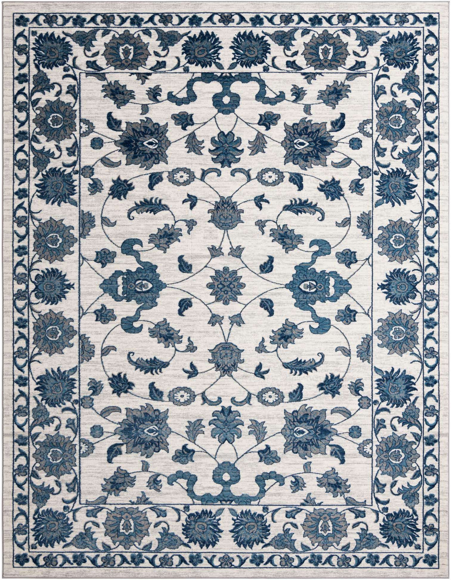A 10x13 rectangular white and blue area rug featuring an intricate traditional floral pattern with a decorative border.