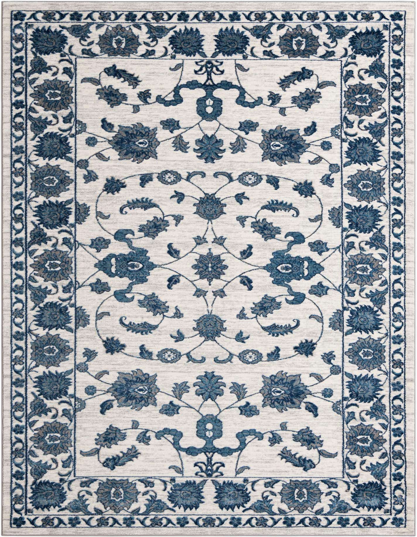 An 8x11 rectangular white and blue area rug with a traditional floral pattern and decorative border.