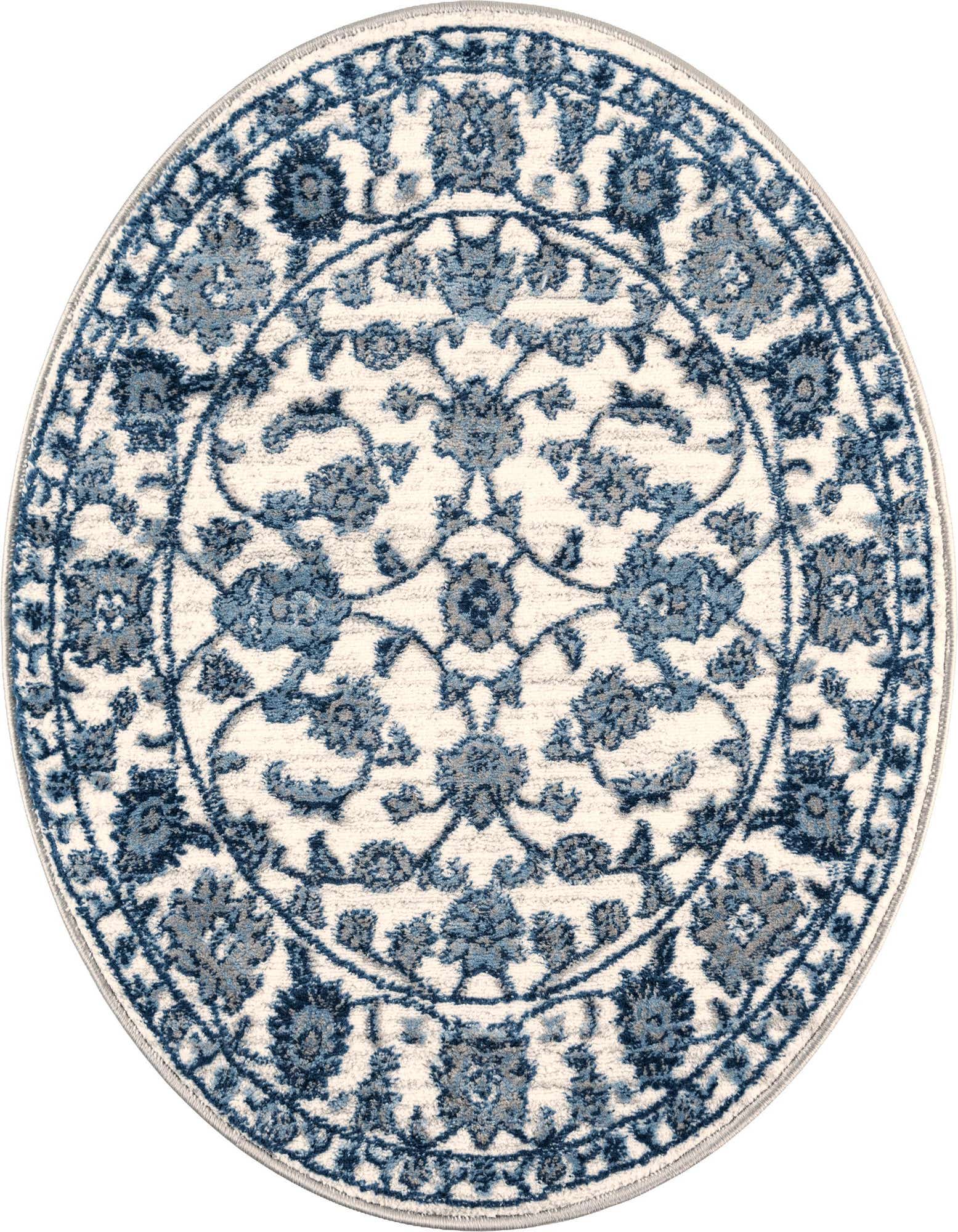 A round white and blue traditional rug with a detailed botanical floral pattern and a textured pile.