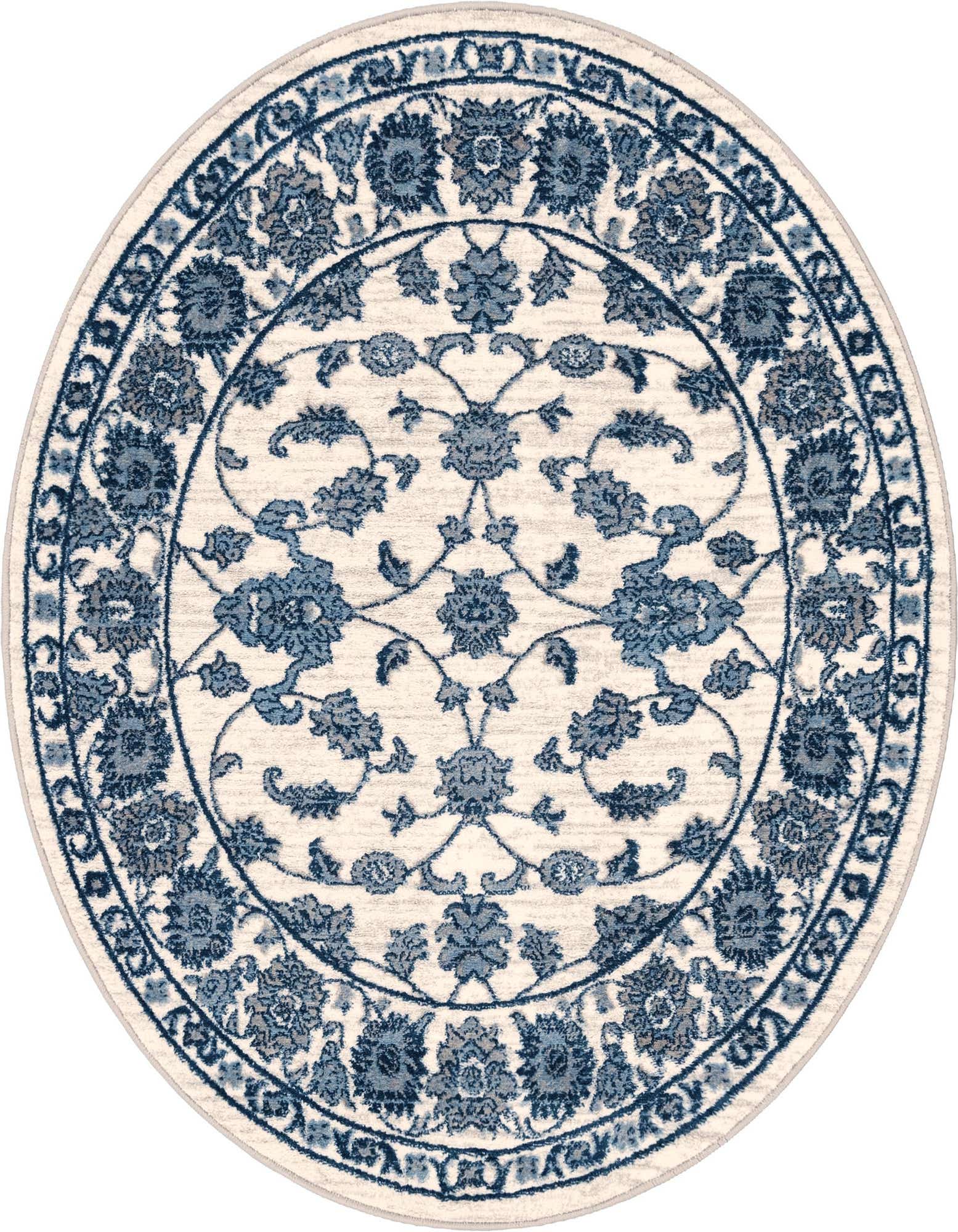 A 5' round white and blue traditional rug with a detailed botanical floral pattern and a decorative border.