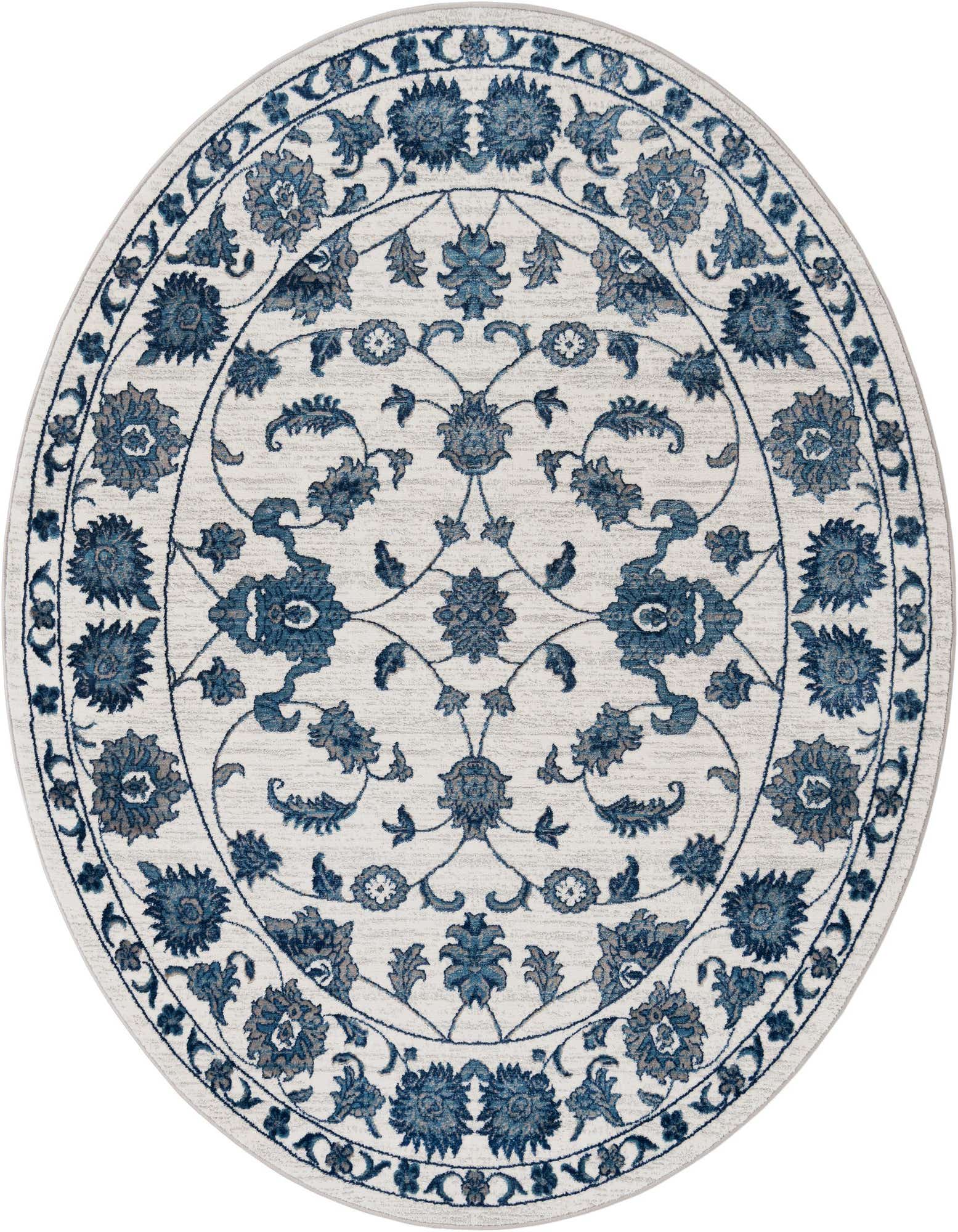 A round 7' 10" white and blue traditional floral rug with a textured pile, featuring intricate botanical patterns.