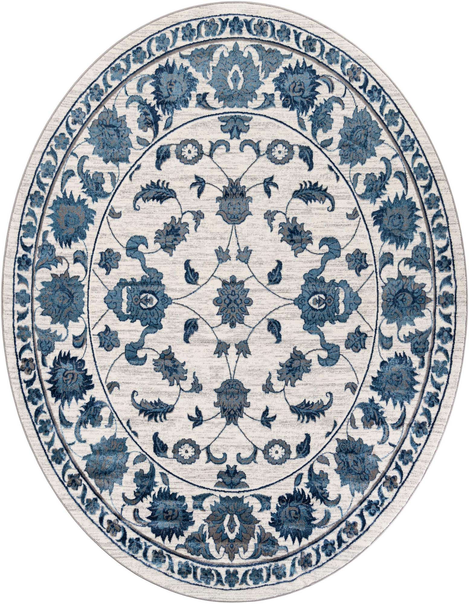 A 10-foot round white and blue rug with an intricate floral medallion pattern and a decorative border.