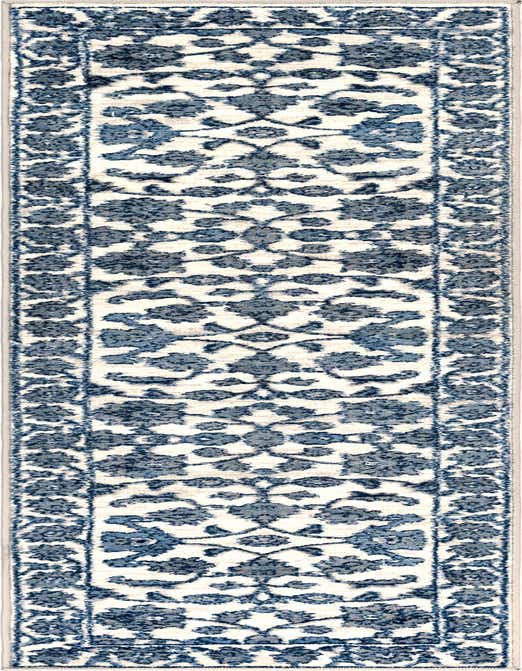 A white and blue 8 ft runner rug with a traditional botanical pattern, ideal for a hallway.