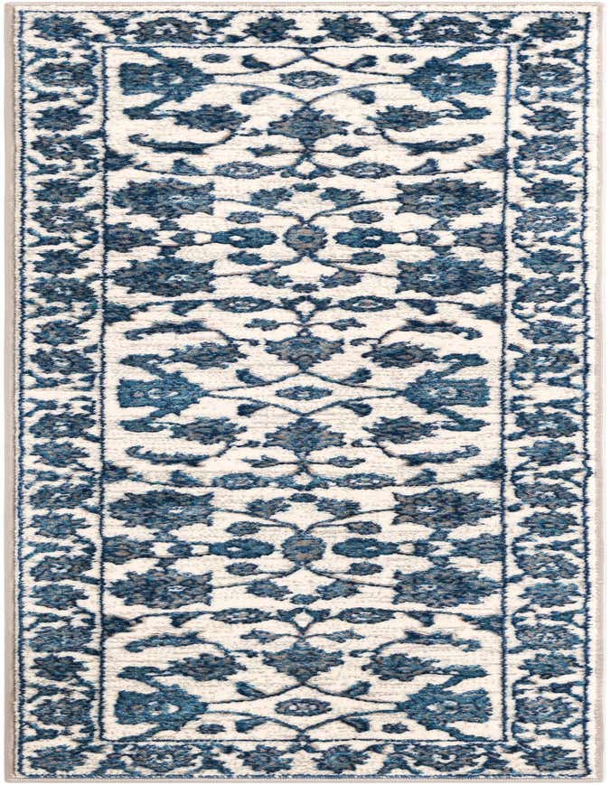 White and blue runner rug with a traditional botanical pattern and textured pile, perfect for a hallway.