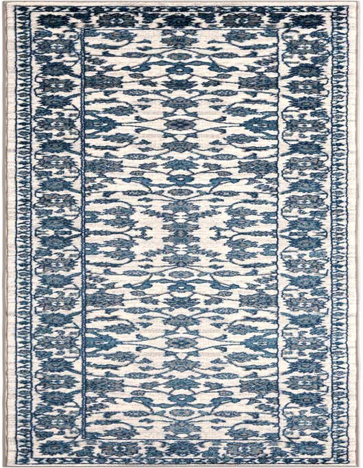 A 10 ft white and blue runner rug with an intricate floral medallion pattern and a decorative border, perfect for a hallway or patio.