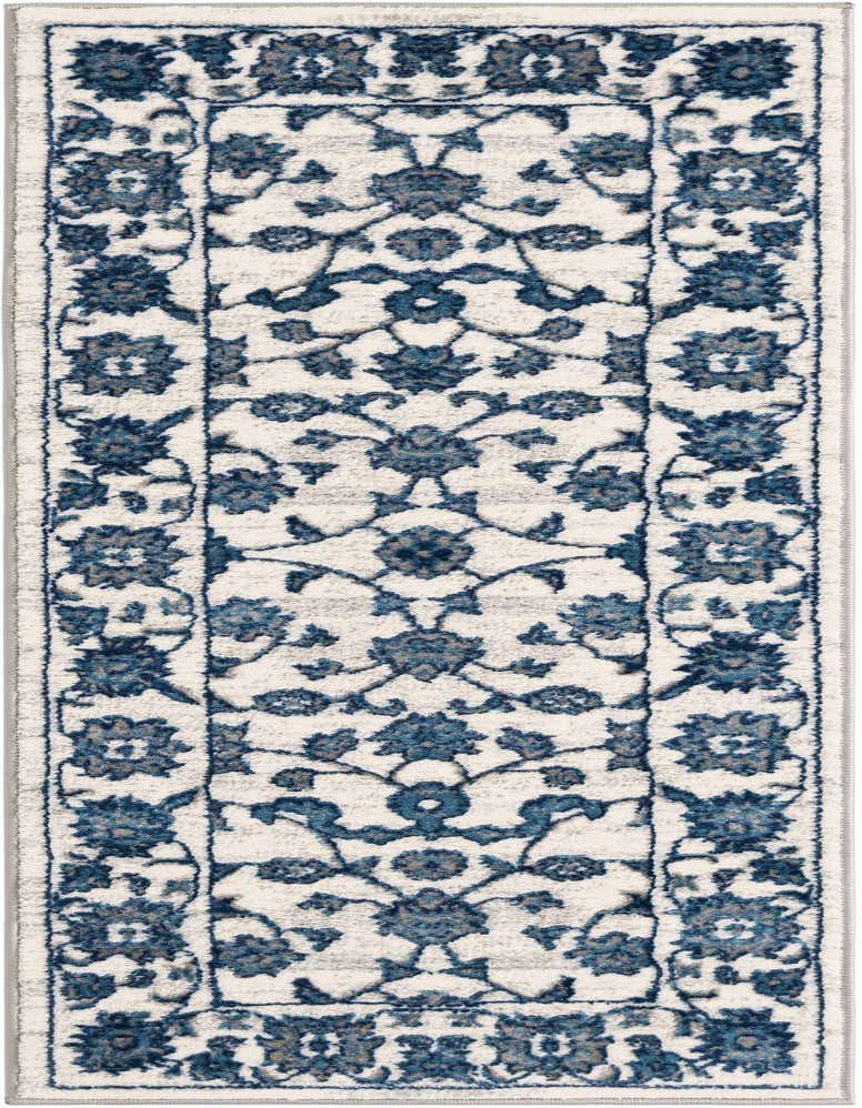 White and blue runner rug with a distressed floral medallion pattern, ideal for a hallway or patio.