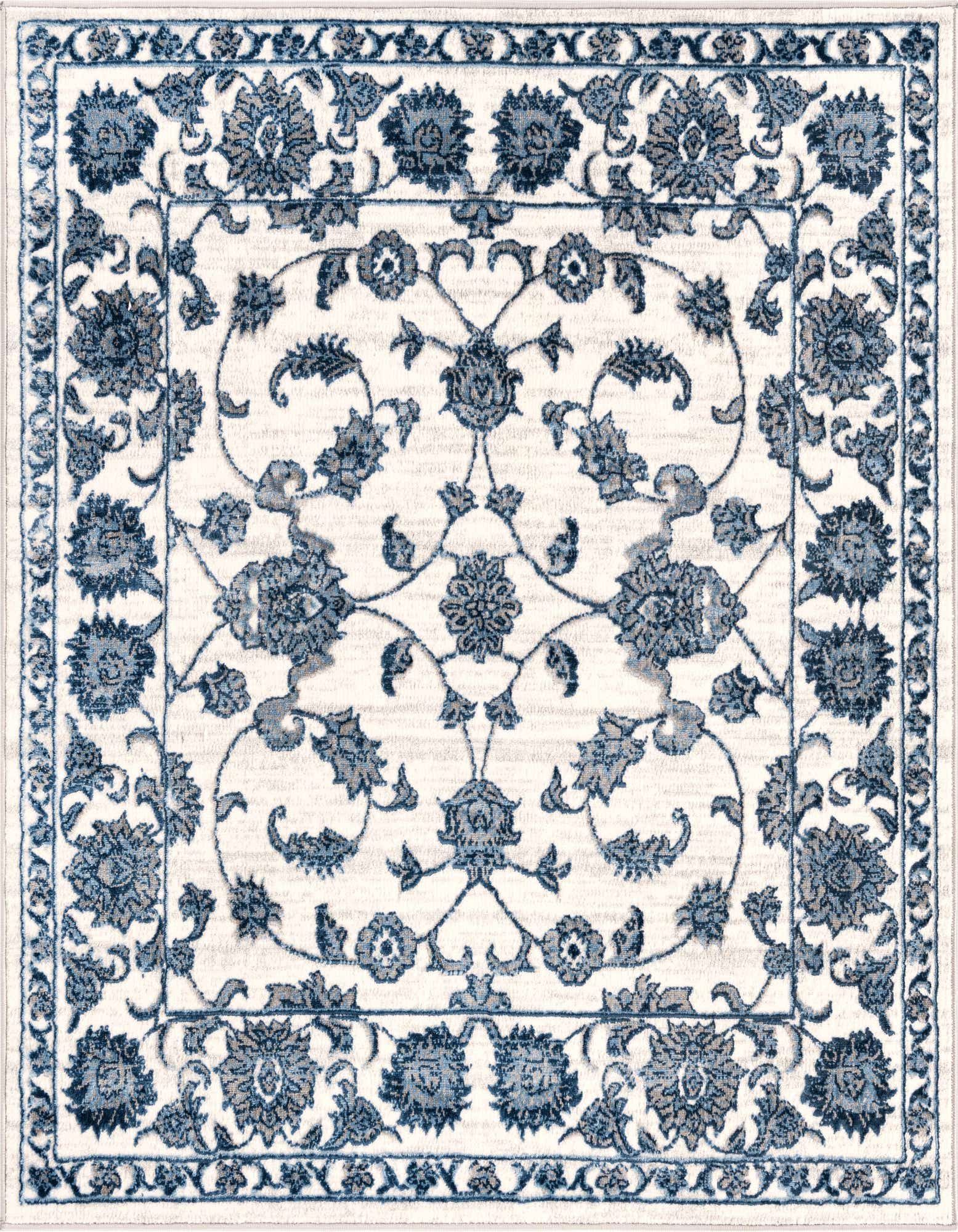 A 5' 3 x 5' 3 square Rugs.com Boston rug featuring a traditional white background with intricate blue botanical and floral patterns.