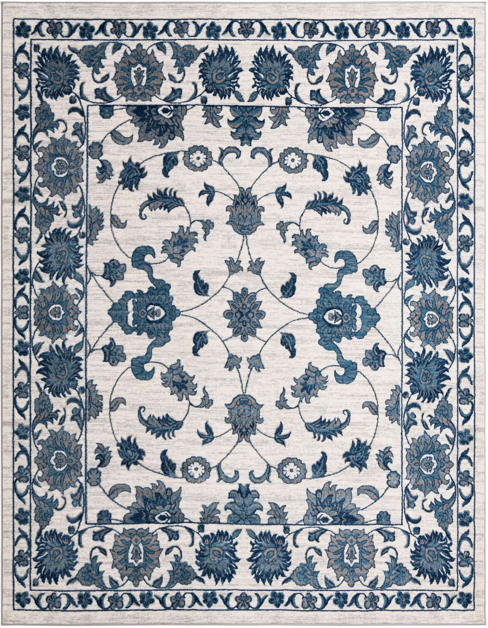 A 10'x10' square white and blue rug with an intricate floral medallion pattern and a detailed border.