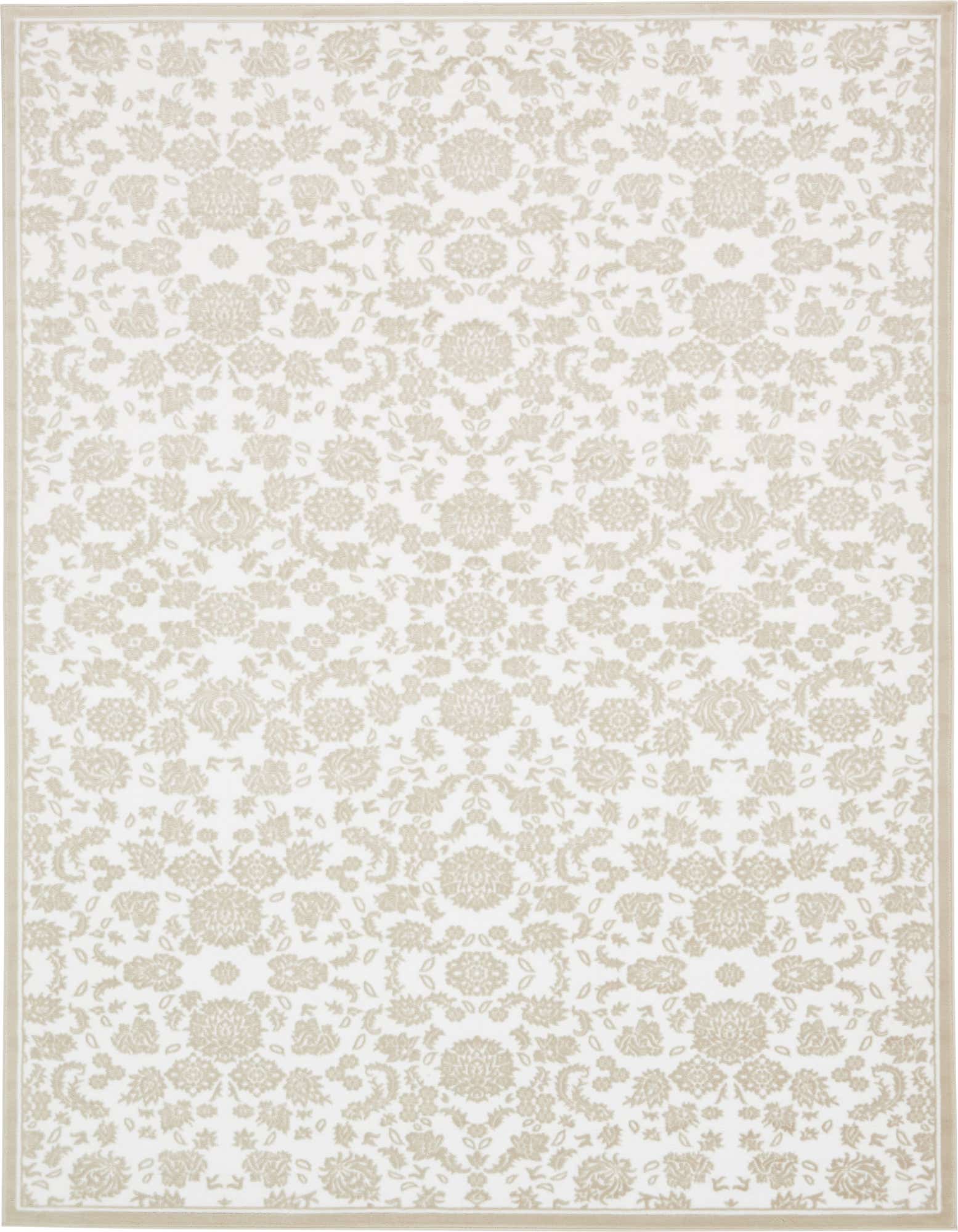 An 8x11 rectangular indoor rug featuring a white background with a subtle, textured brown floral and botanical pattern, ideal for a living room.