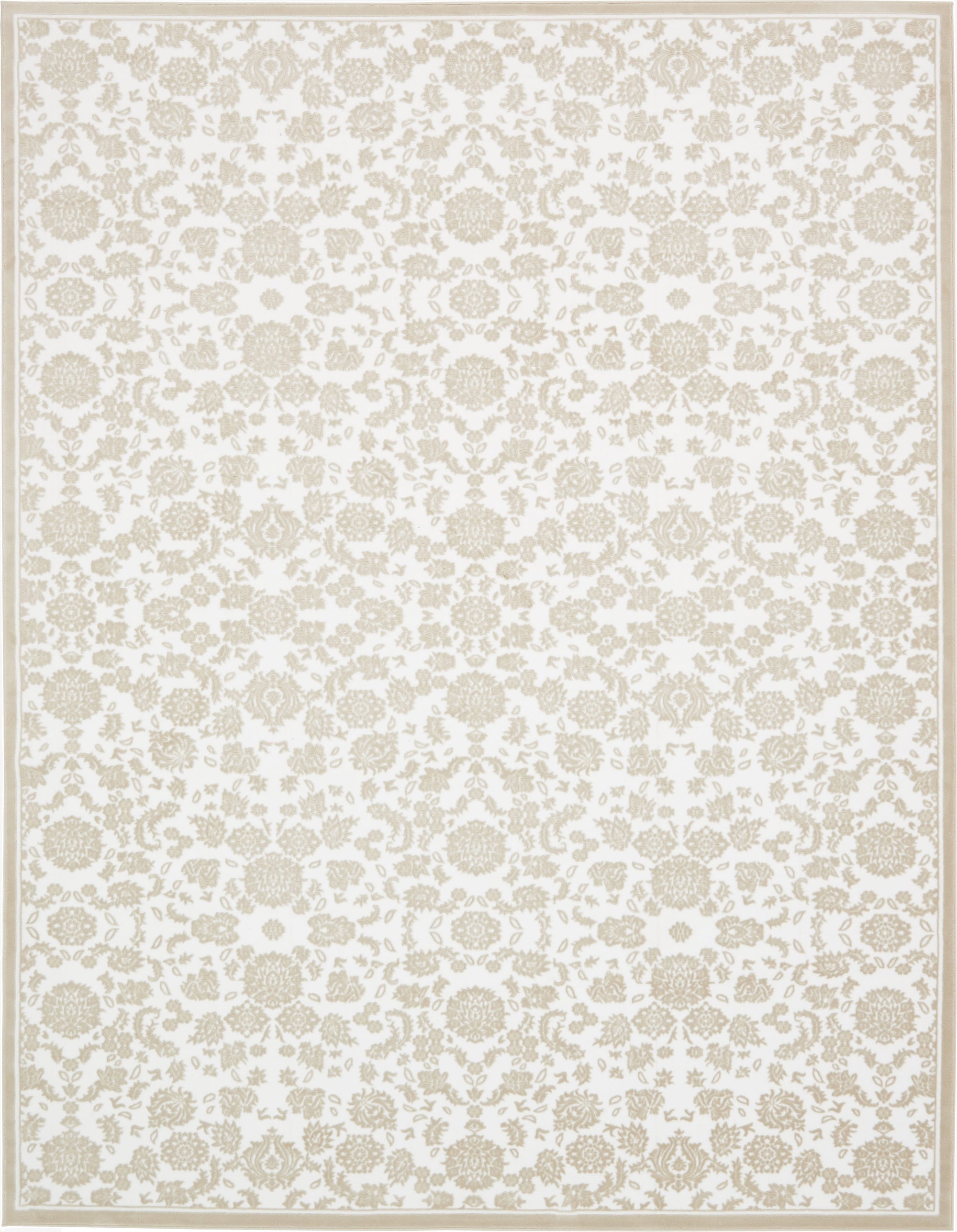 A 10x13 rectangular white and brown traditional floral rug with a textured high pile, suitable for a living room or office.