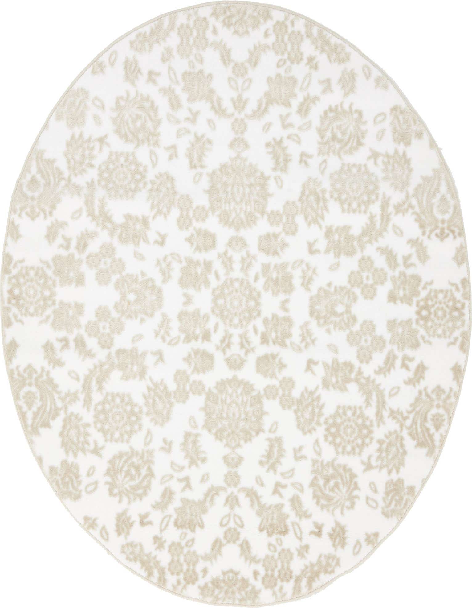 A round 5' 0 x 5' 0 white and brown rug with a traditional floral pattern, featuring a textured pile.