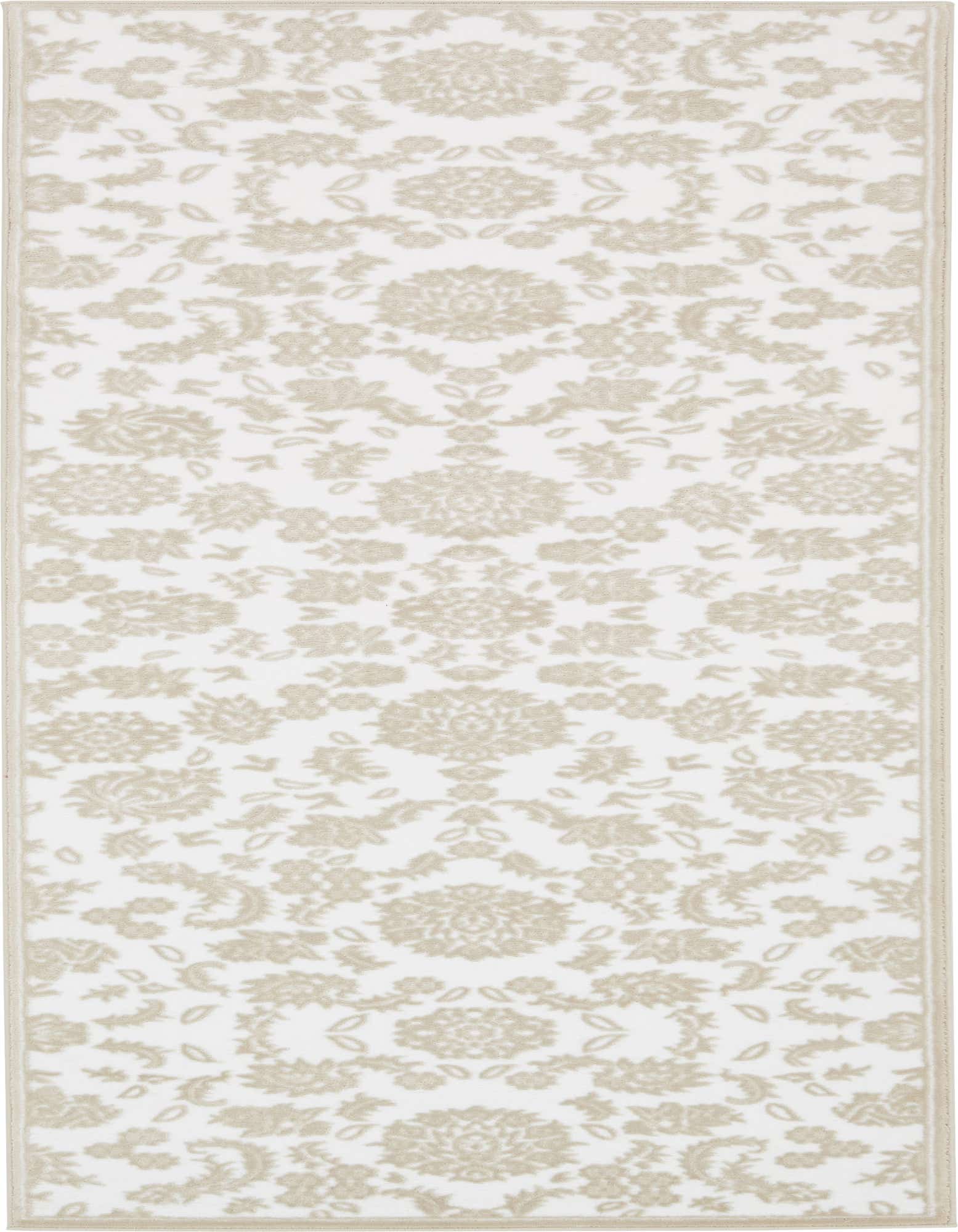 A 10 ft runner rug in white and brown, featuring a traditional floral and botanical pattern, ideal for a hallway.