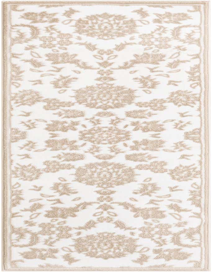 A 6 ft runner rug with a white background and an elegant brown traditional floral pattern, perfect for a hallway.