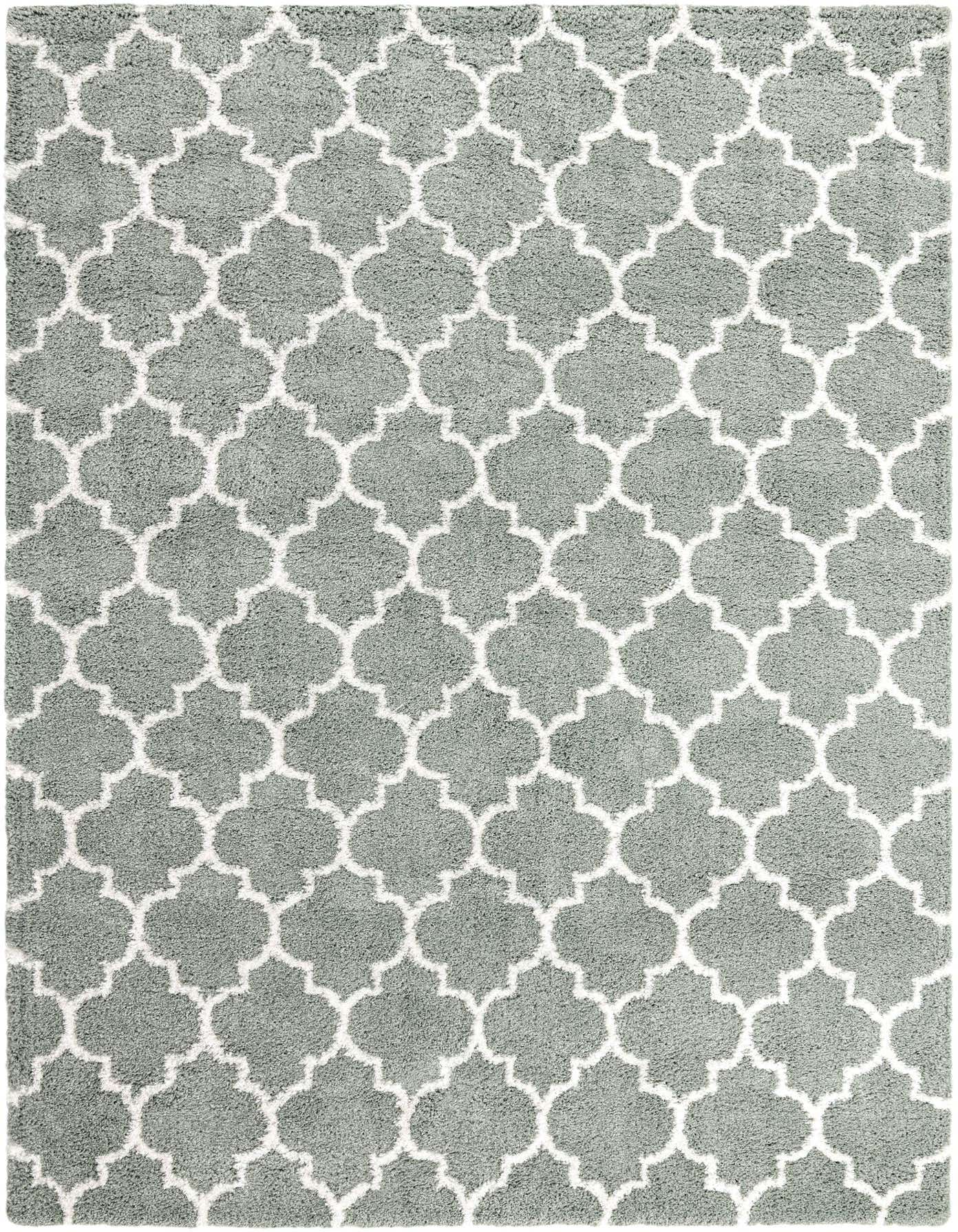 A large 10x14 rectangular white and cyan Moroccan shag rug with a modern abstract trellis pattern.