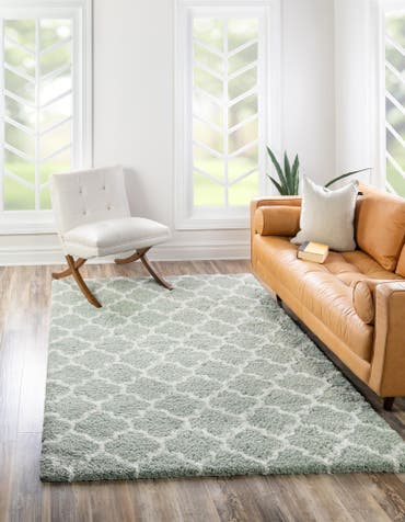  Custom White Cyan Moroccan Shag Rug