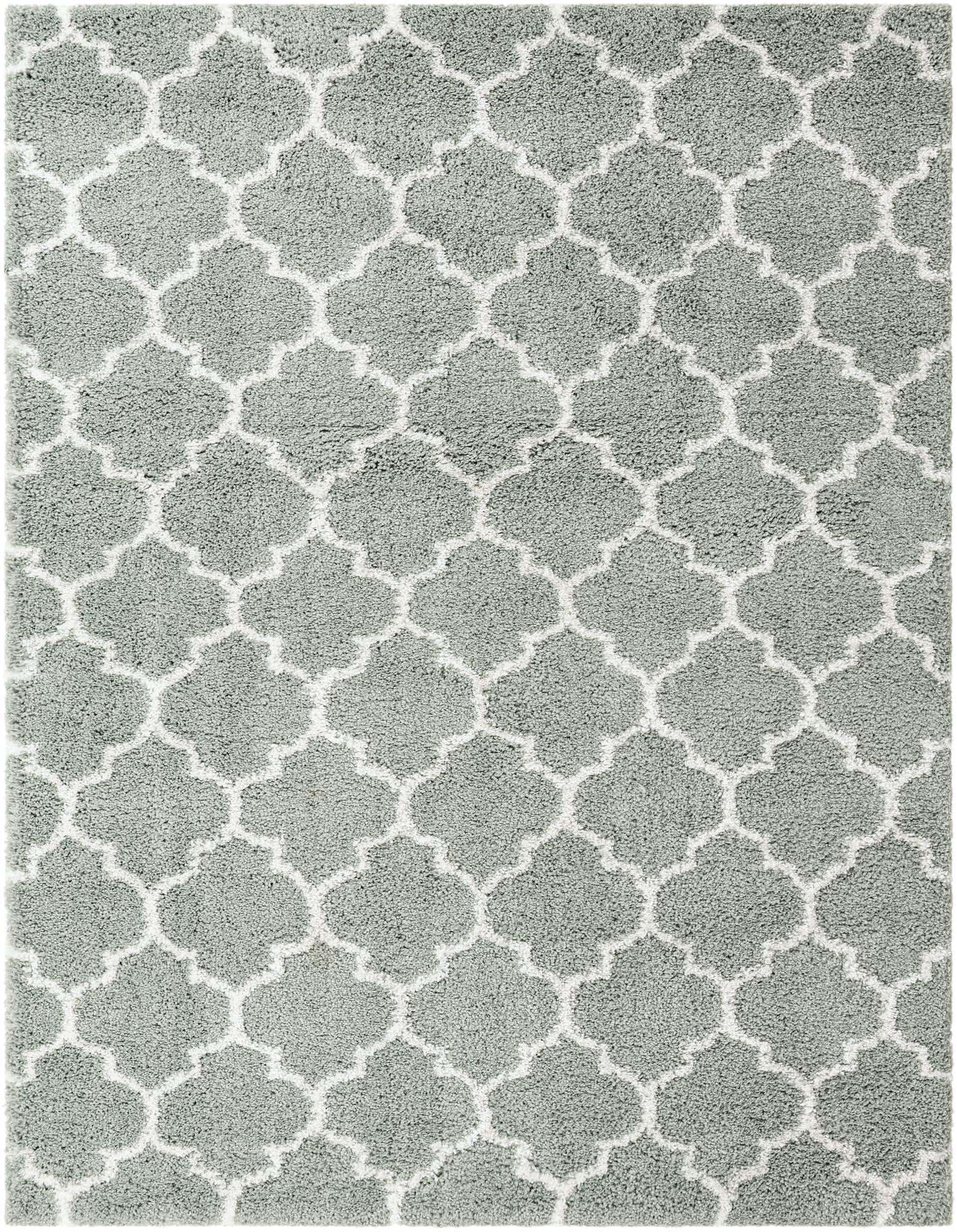 A rectangular 8x10 Rugs.com Moroccan Shag rug in White Cyan, featuring a modern abstract trellis pattern with a plush shag pile.