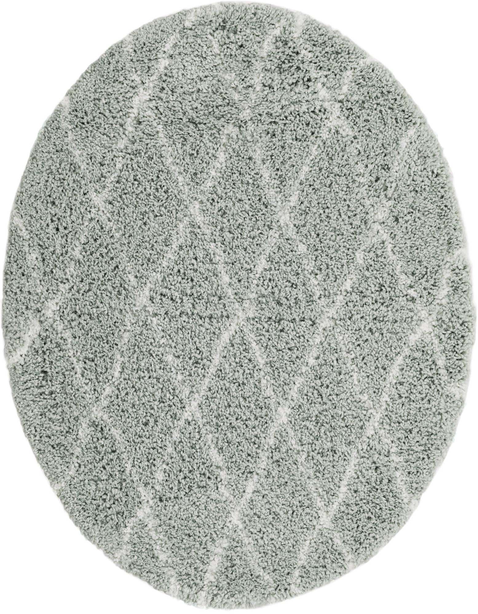 A round 4' 0 x 4' 0 white and cyan shag rug with a subtle trellis pattern, suitable for indoor spaces.