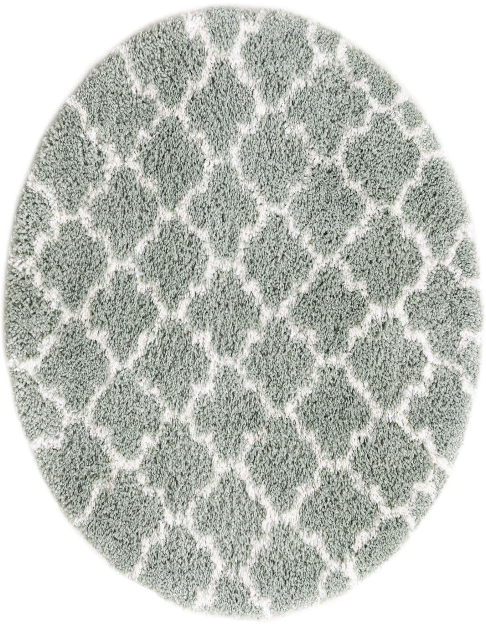 A 4' round white and cyan shag rug with a modern Moroccan geometric pattern on a white background.