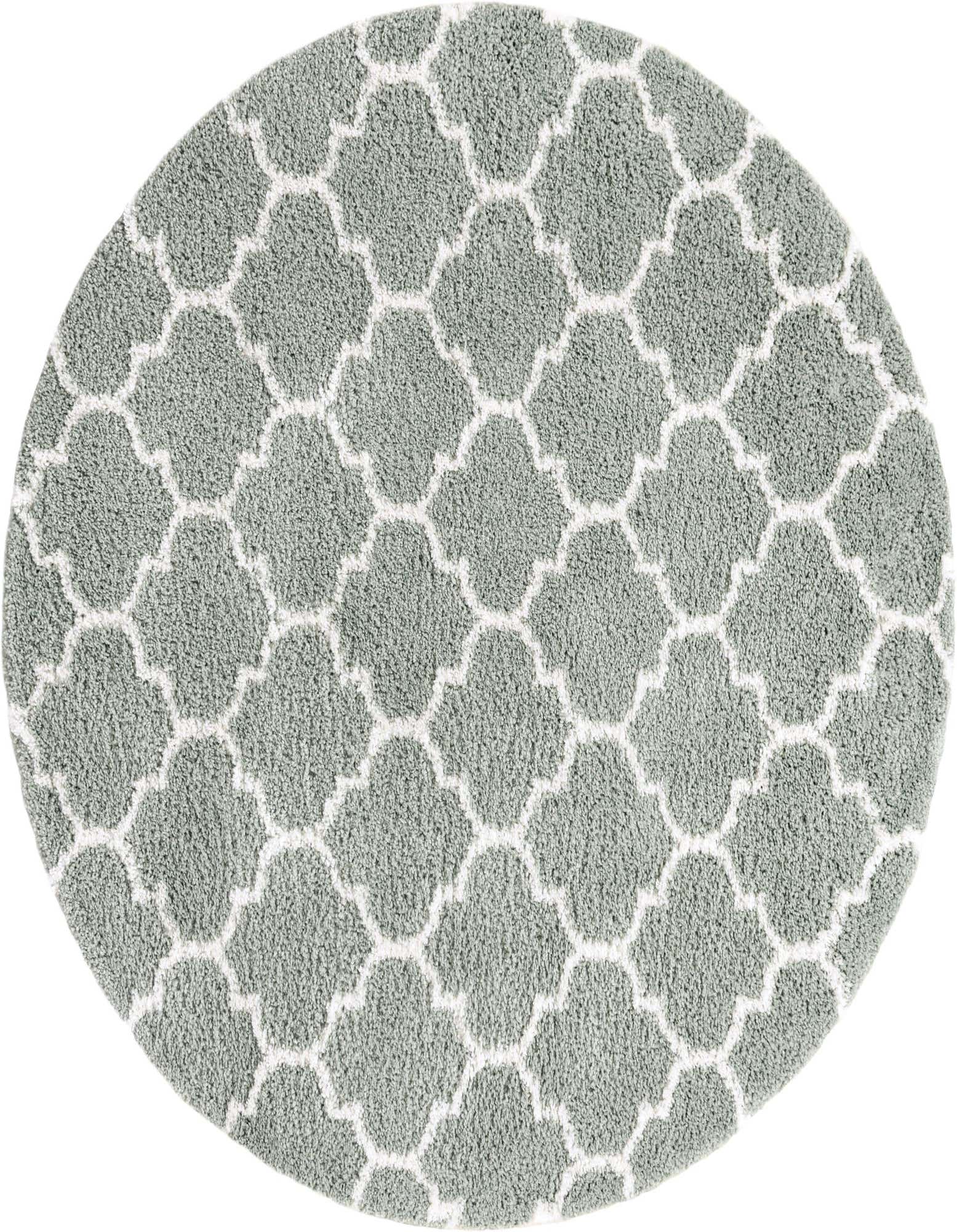 A round 7' 10 x 7' 10 Rugs.com Moroccan Shag rug in white and cyan with a modern abstract pattern.