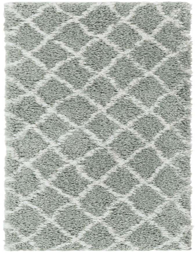 A 6 ft runner rug in white and cyan, featuring a plush shag pile and a modern trellis pattern, ideal for a hallway.