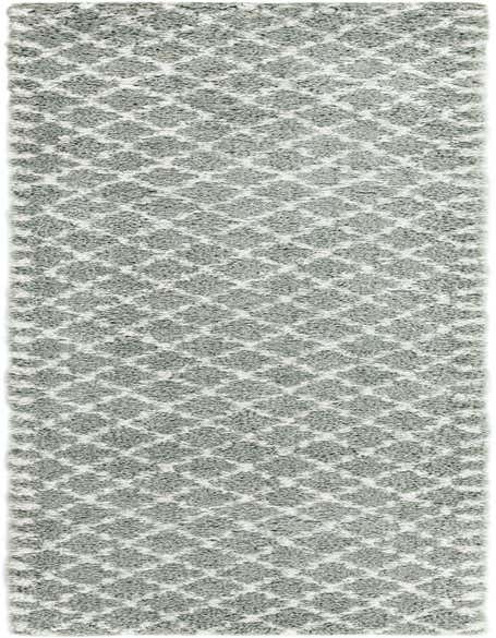 A 12 ft runner rug with a plush shag pile, featuring a modern abstract pattern in white and cyan, ideal for hallways.
