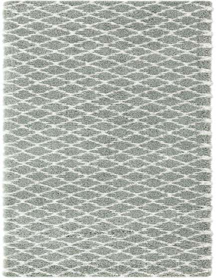 A 16 ft runner rug featuring a plush white shag pile with a modern cyan abstract diamond pattern, ideal for a hallway.