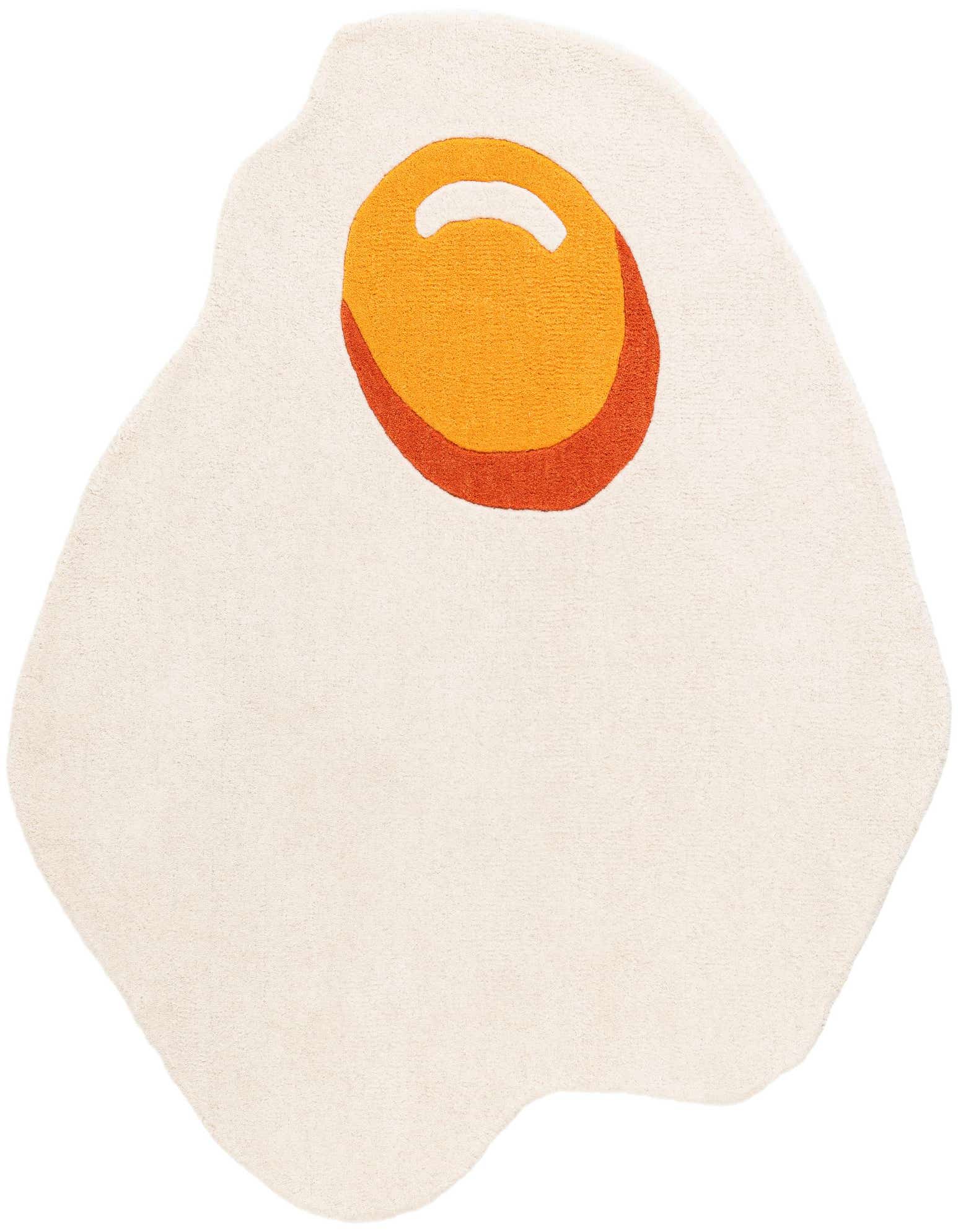 A playful 4'1" x 4'1" freeform rug shaped like a fried egg with a white base and orange-yellow yolk.
