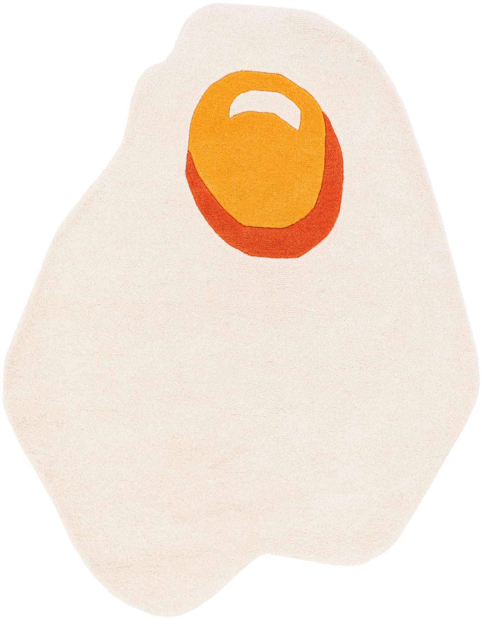 A playful 5'1" x 5'1" freeform rug shaped like a fried egg with a white base and a bright orange and yellow yolk.